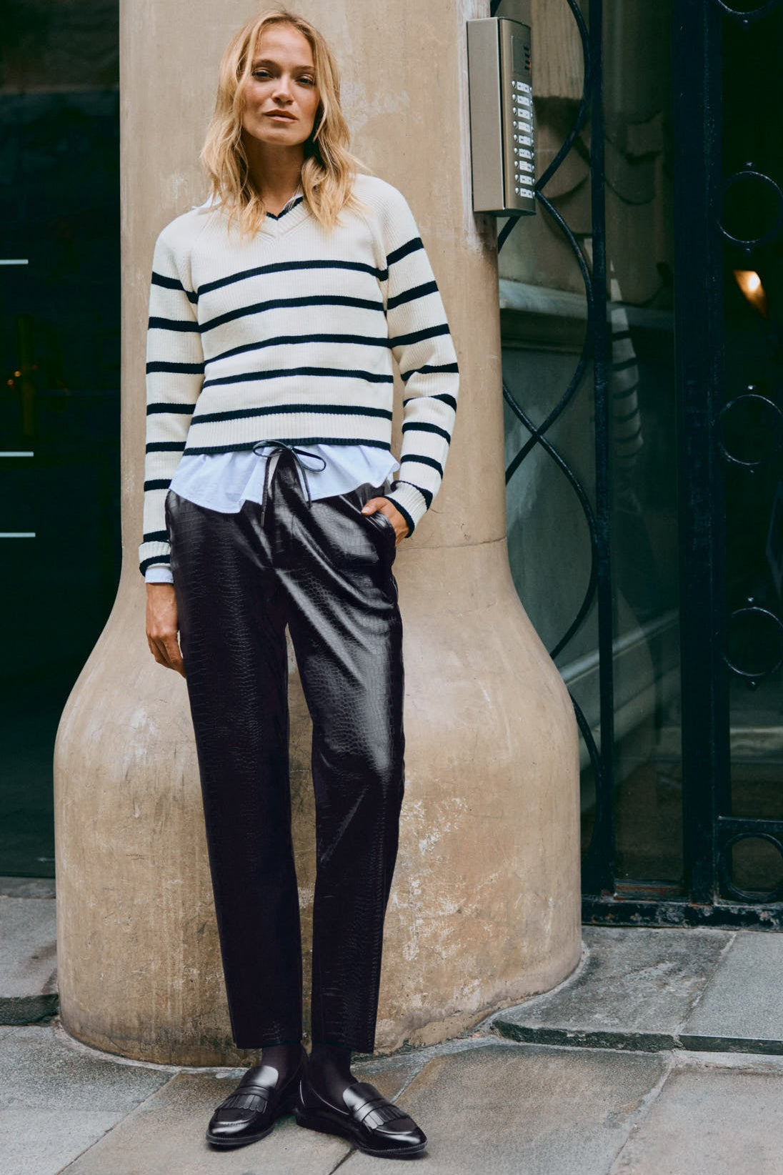 Black high-rise faux-leather trousers