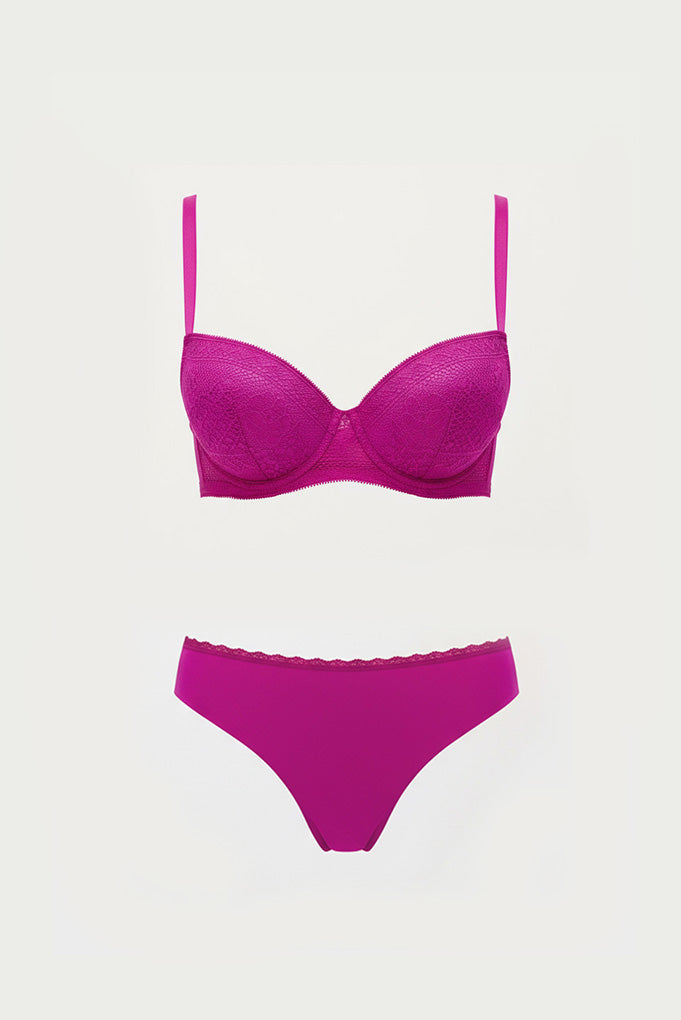 Conjunto lencero sujetador push up y braga brasileña fucsia - Ysabel Mora