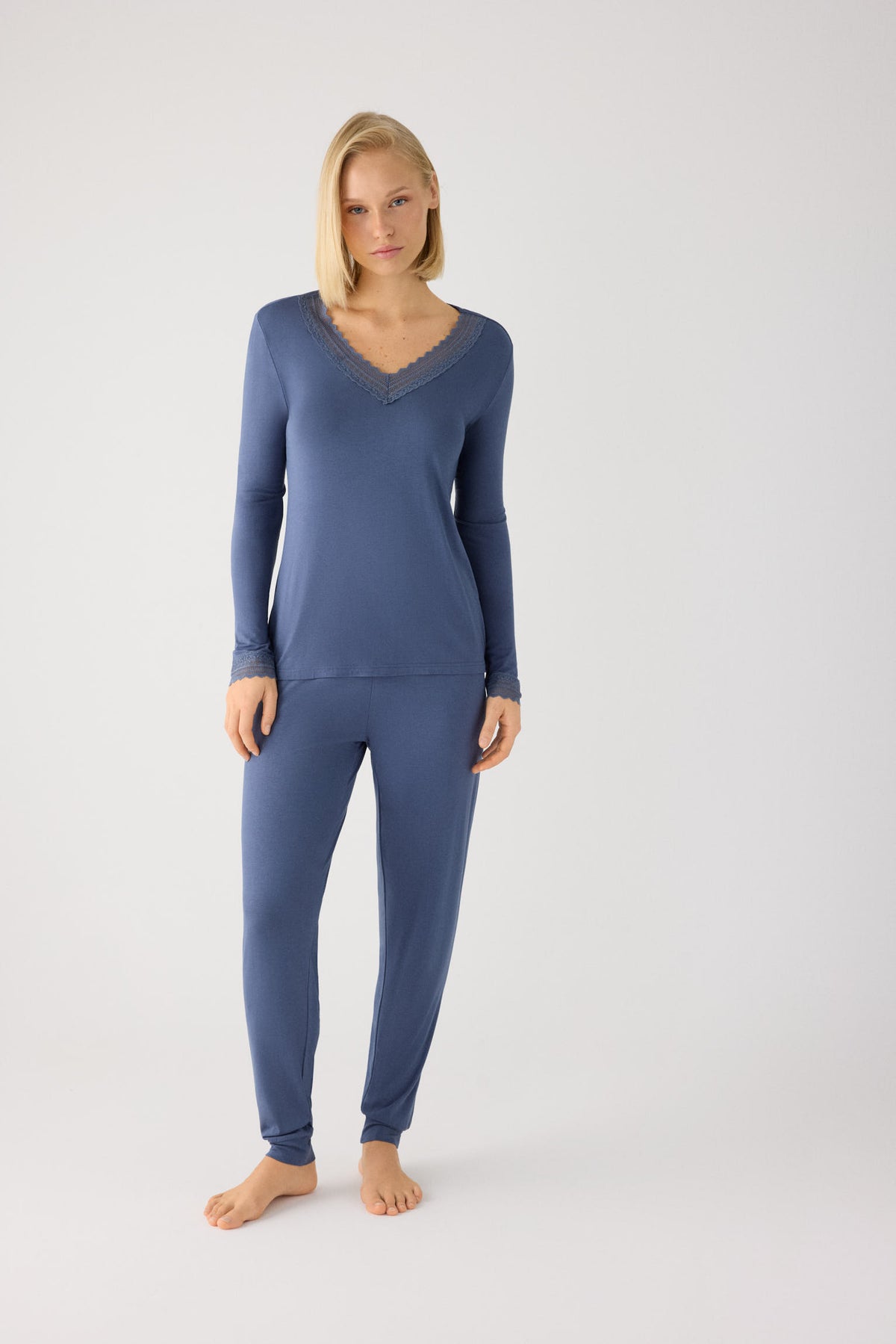 Lightweight soft women's long pyjamas with blue joggers