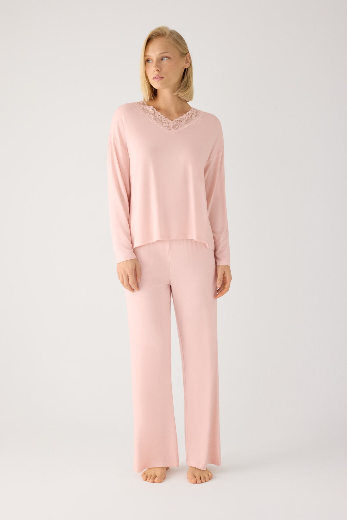 Lightweight soft women's long pyjamas with nude wide-leg trousers