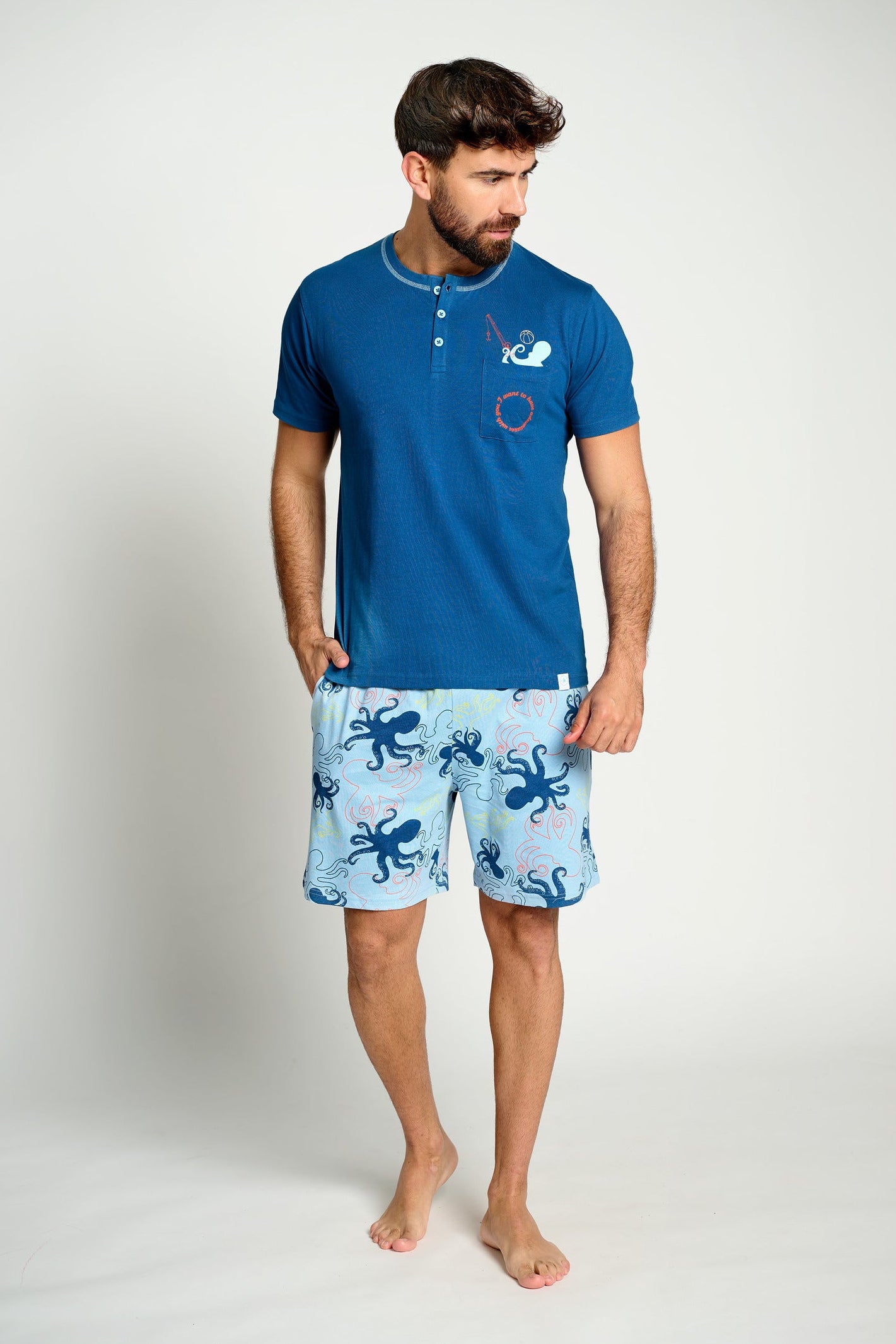 Men's short cotton pajamas with octopus print | MUYDEMI