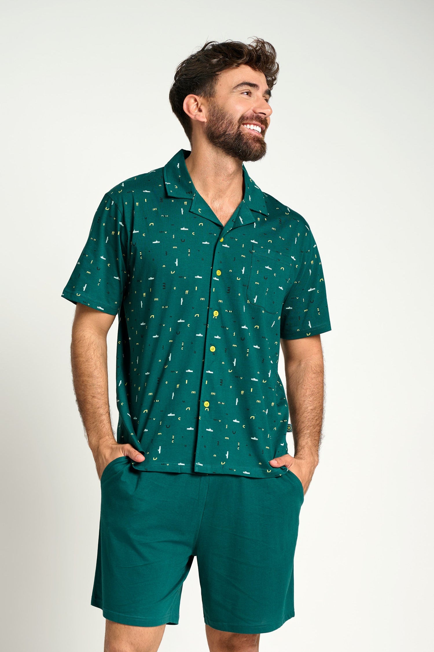Men's short cotton shirt-style pajamas in green | MUYDEMI