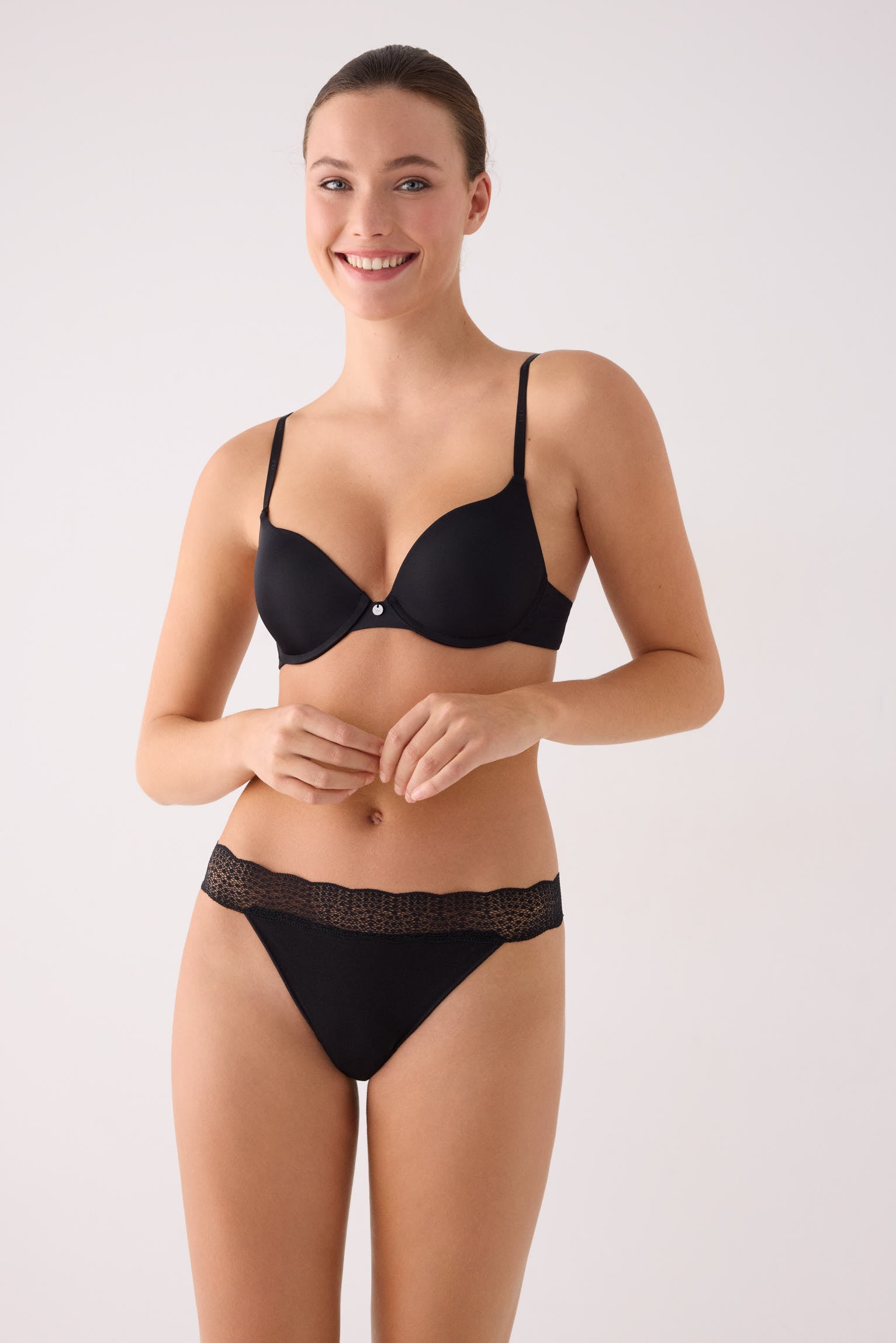 Cotton thong with black lace trim