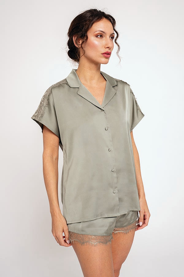 Women's short green satin pajamas | MUYDEMI
