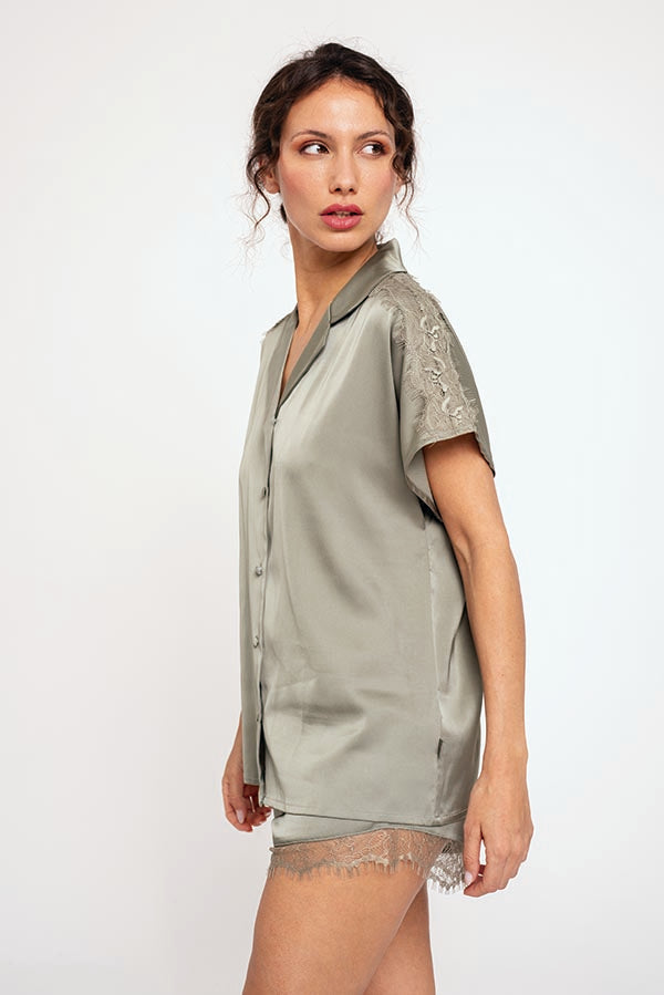 Women's short green satin pajamas | MUYDEMI