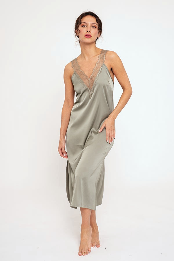 Green satin midi women's nightgown | MUYDEMI