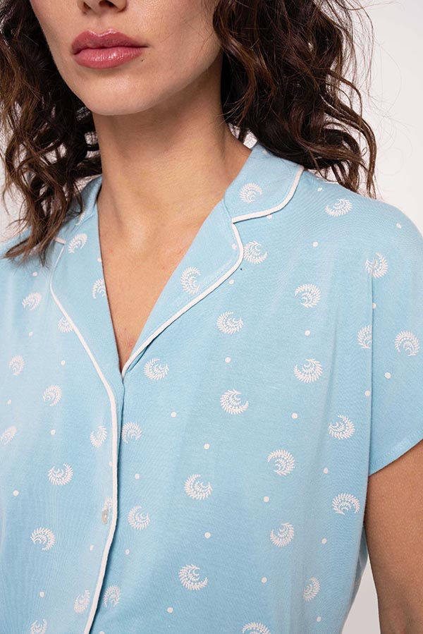 Blue printed short buttoned women's pajamas | MUYDEMI
