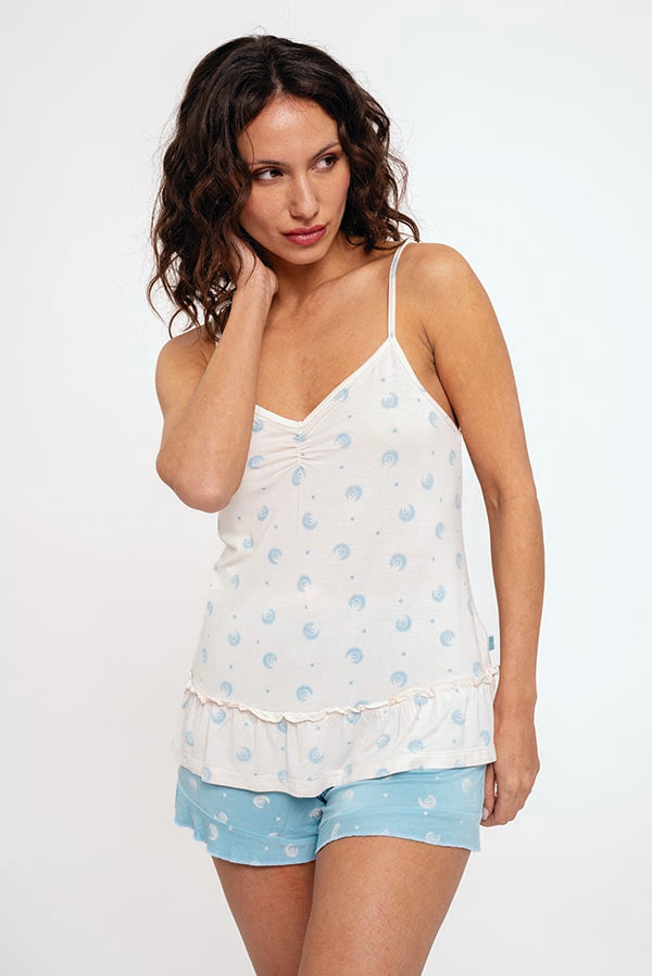Short women's pajamas printed with ruffle detail | MUYDEMI
