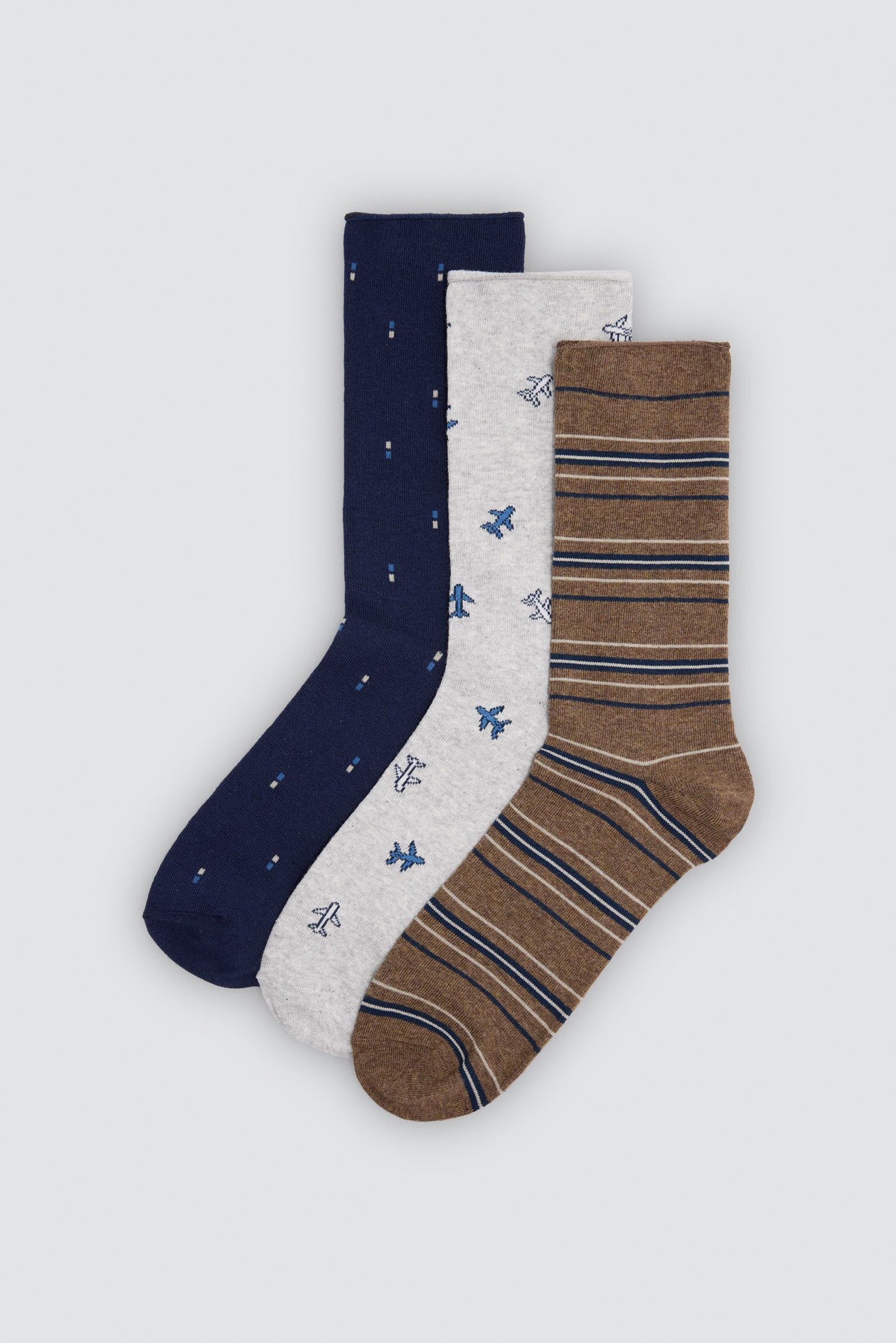 Pack of 3 men's socks with plane and stripe prints