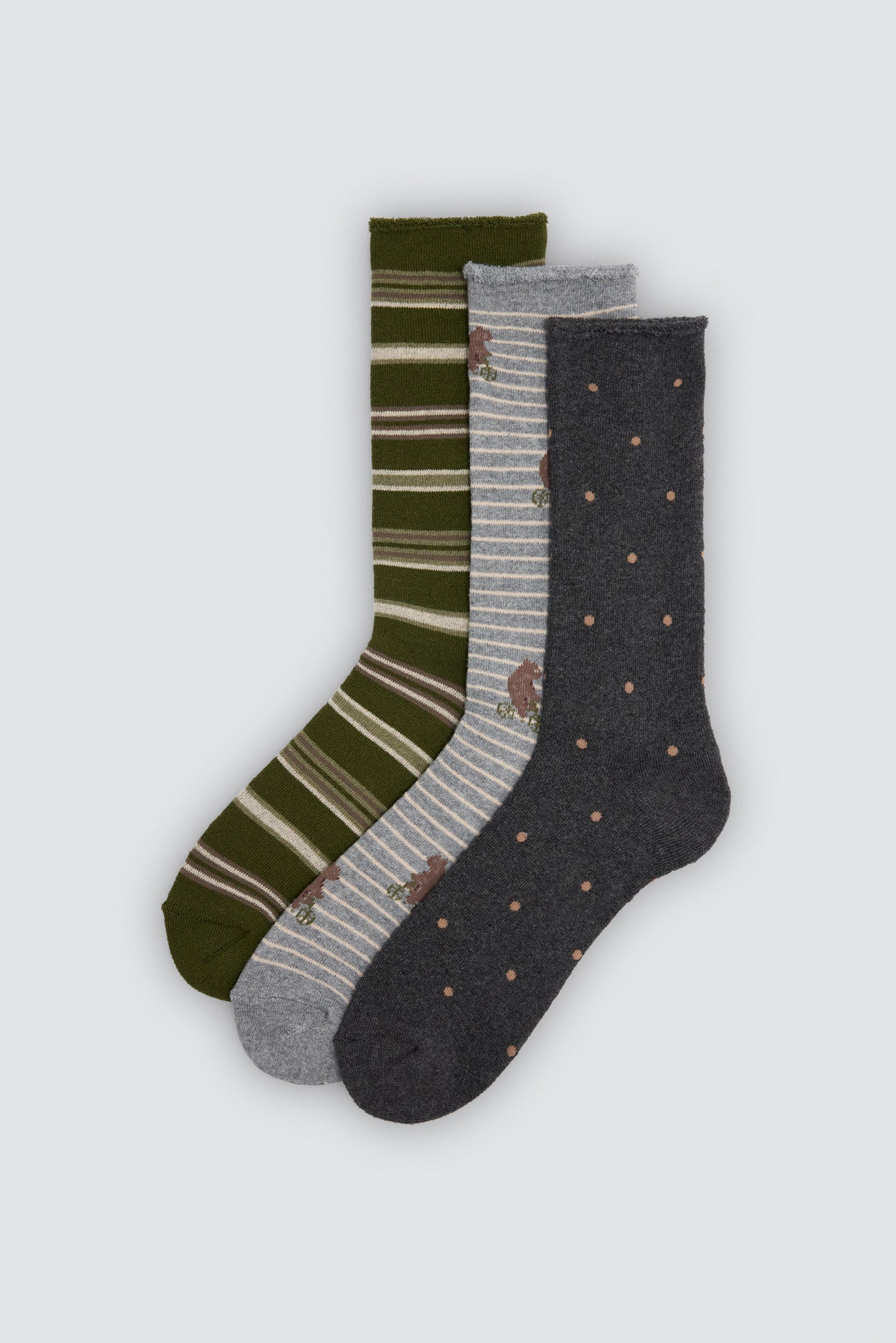 Pack of 3 cuffless thermal socks with stripe and polka-dot prints