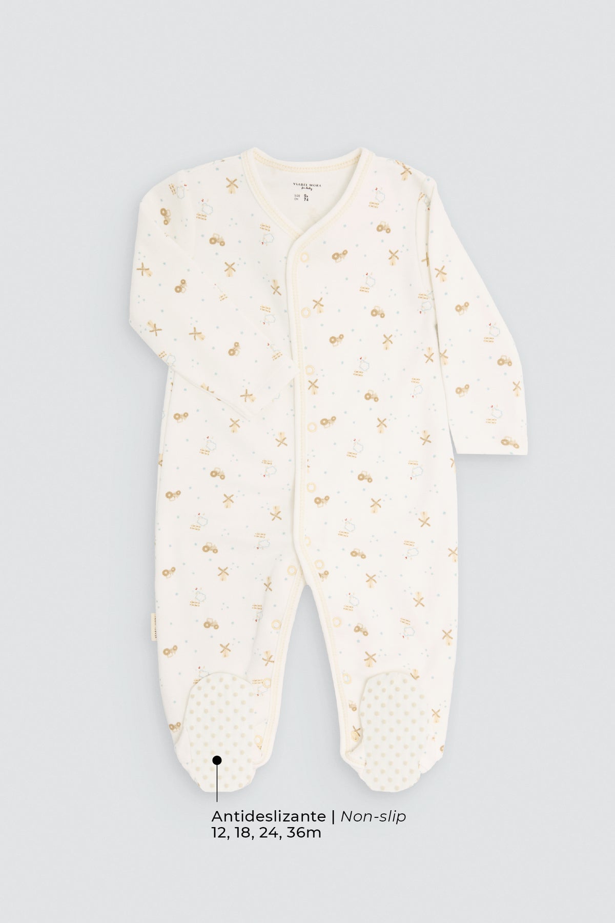 Baby long-sleeve sleepsuit with windmills, tractors and sheep print