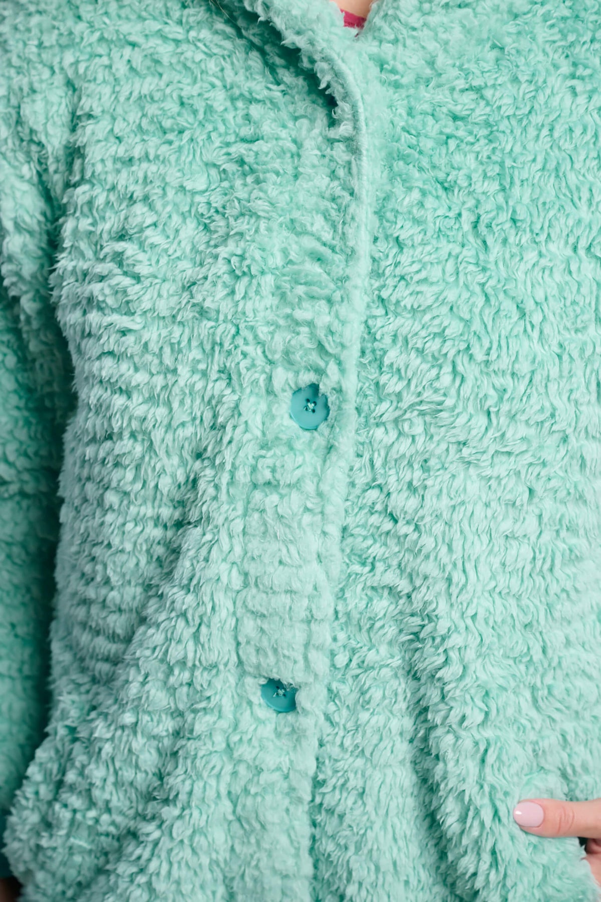 Bata corta polar de borreguito verde para mujer con botones, bata de casa de tacto suave y confortable.