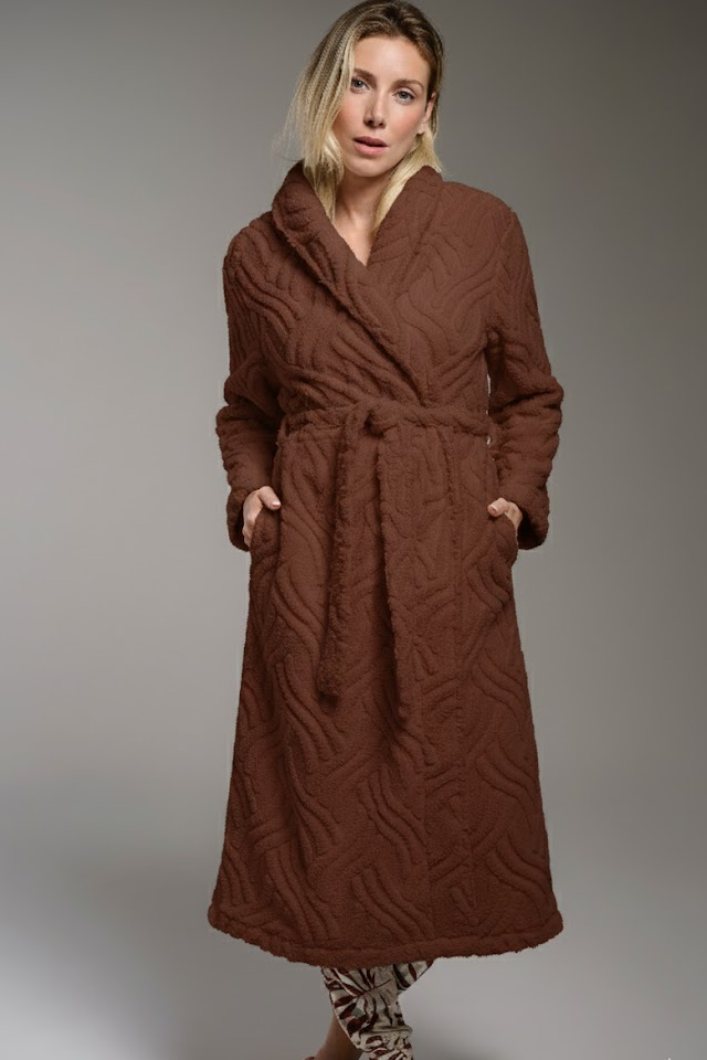 Women's long brown sherpa fleece robe