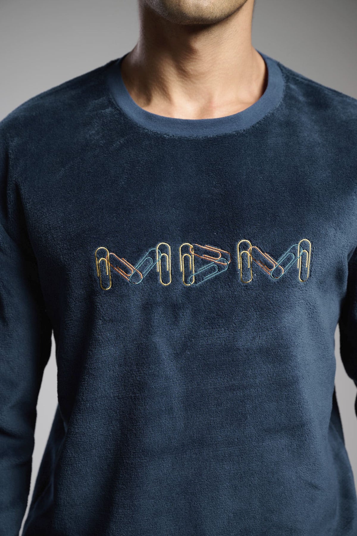 Men's long navy coral fleece pyjamas with embroidered detail