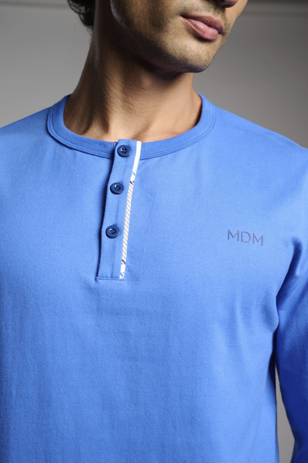 Men's long cotton Henley-neck checked pyjamas