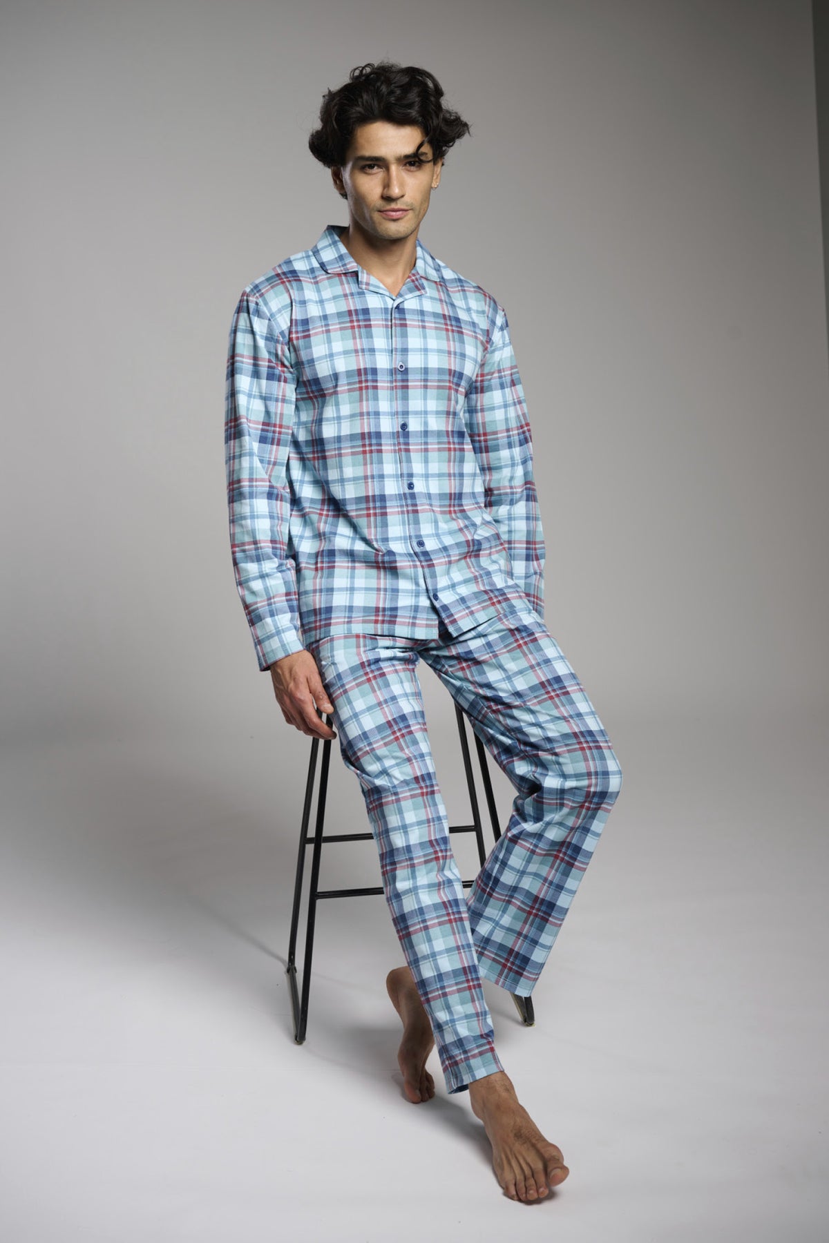 Men's long checked cotton shirt-style pyjamas