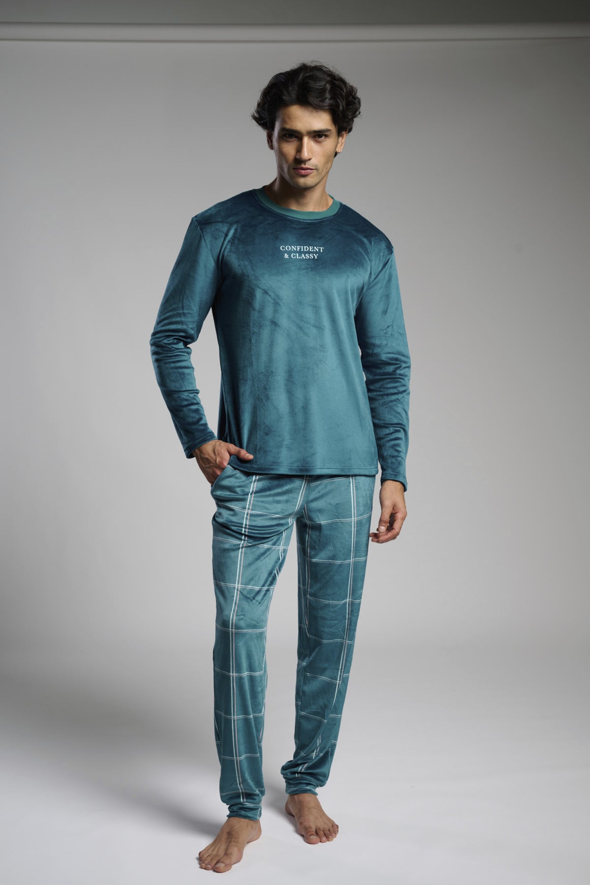 Men's long velvet Confident & Classy checked pyjamas