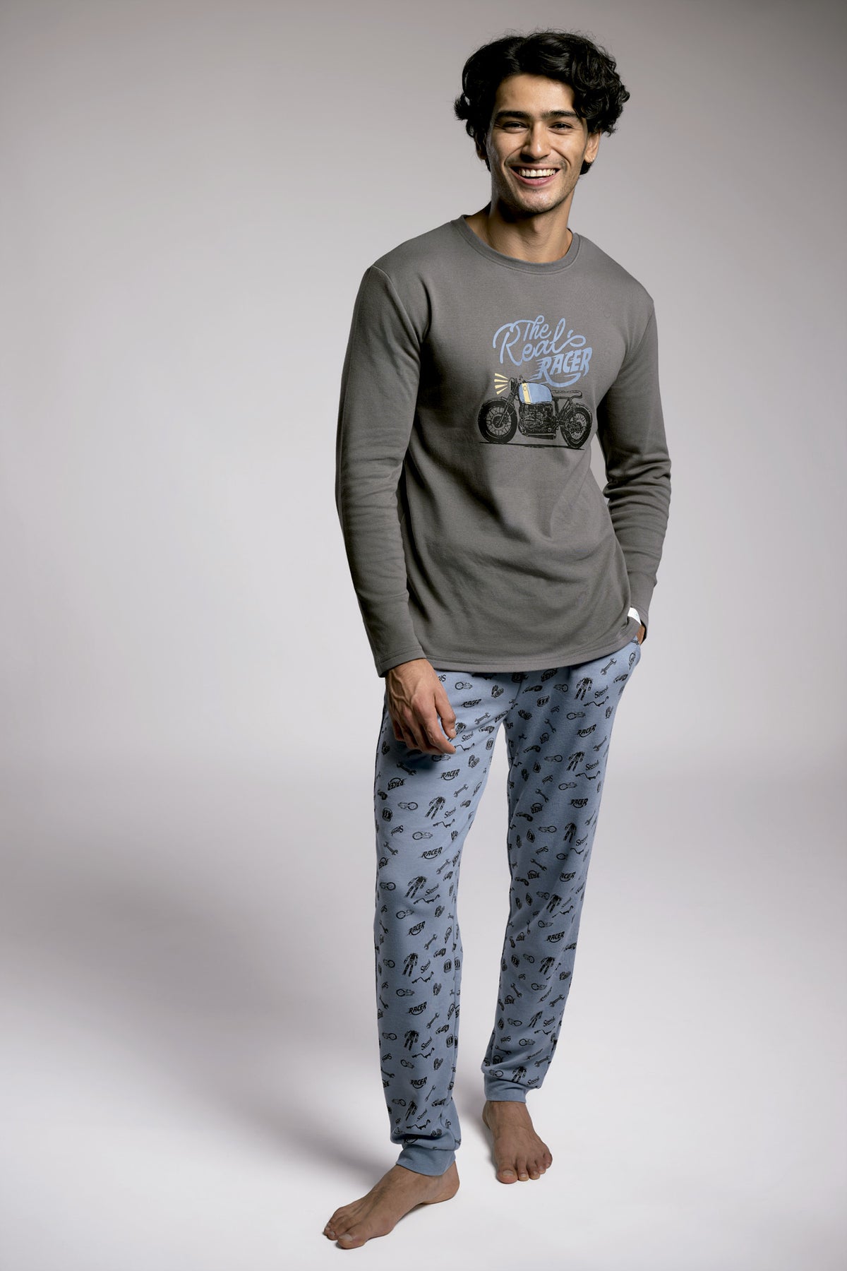 Men's long brushed The Real Racer biker-print pyjamas