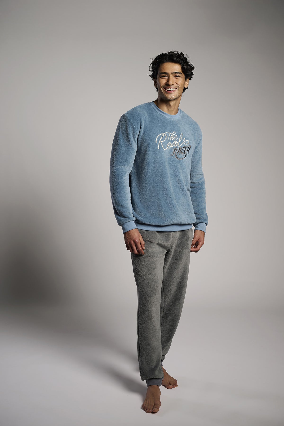 Men's long blue and grey coral fleece The Real Racer pyjamas