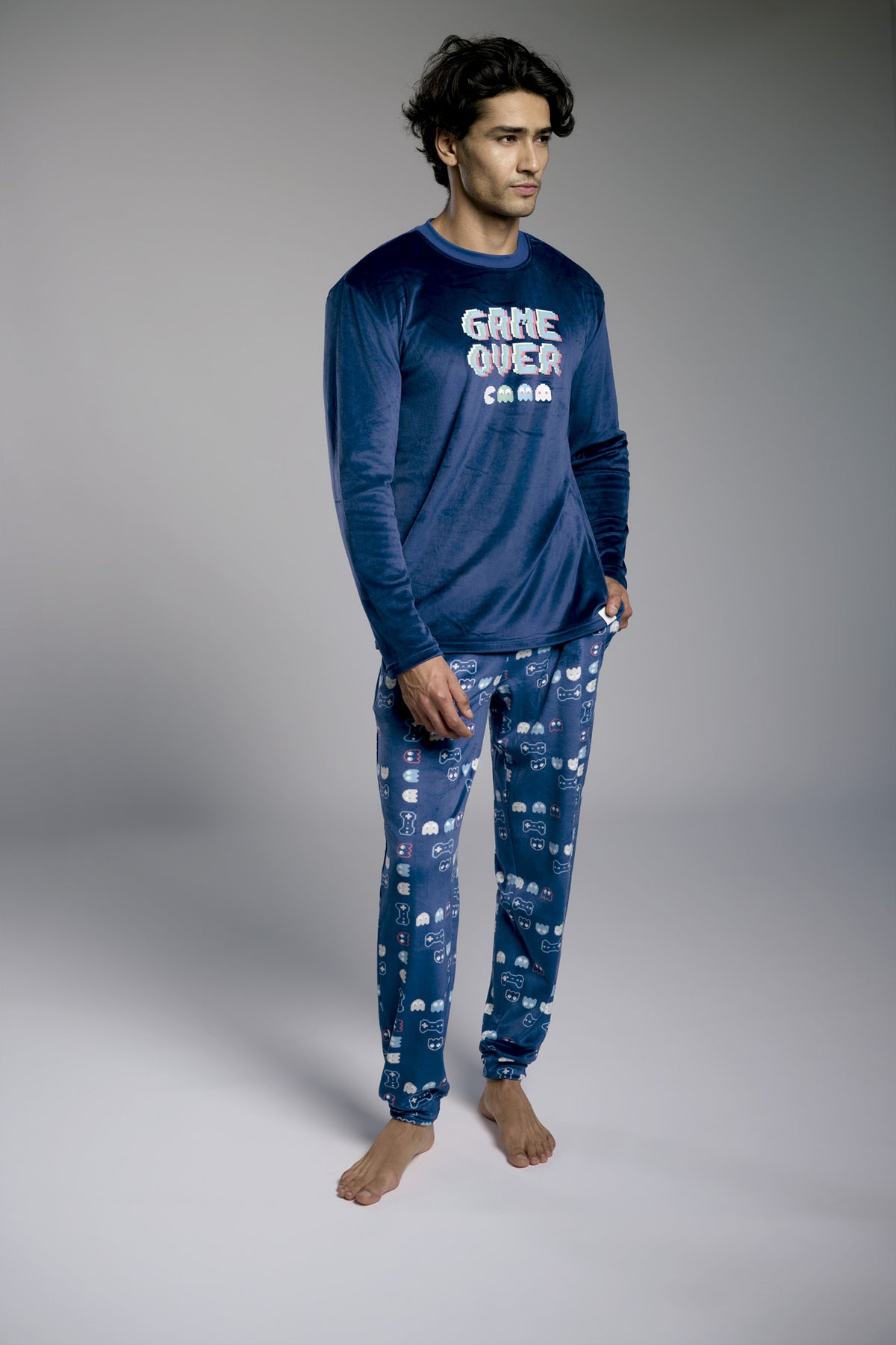 Men's long velvet Game Over printed pyjamas