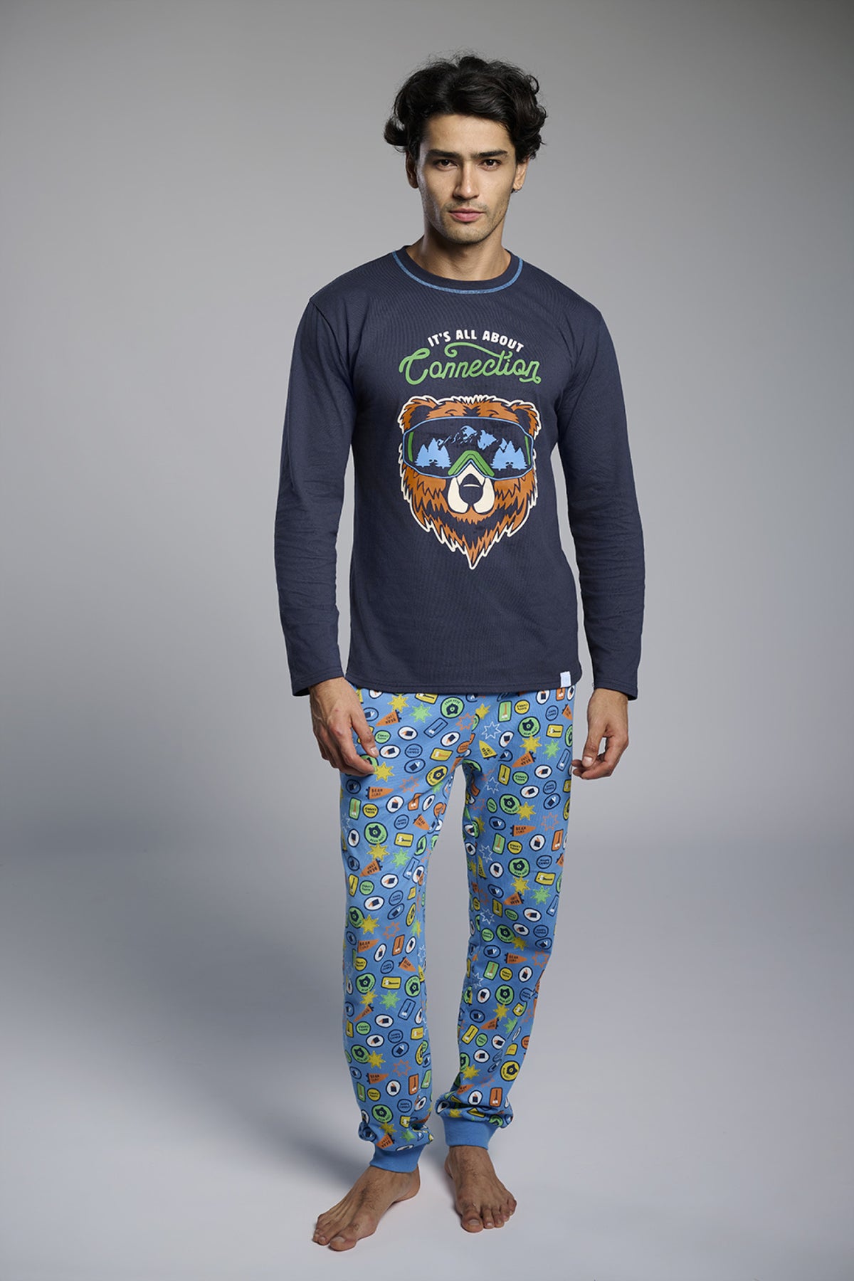 Men's long cotton bear-print It's all about Connection pyjamas