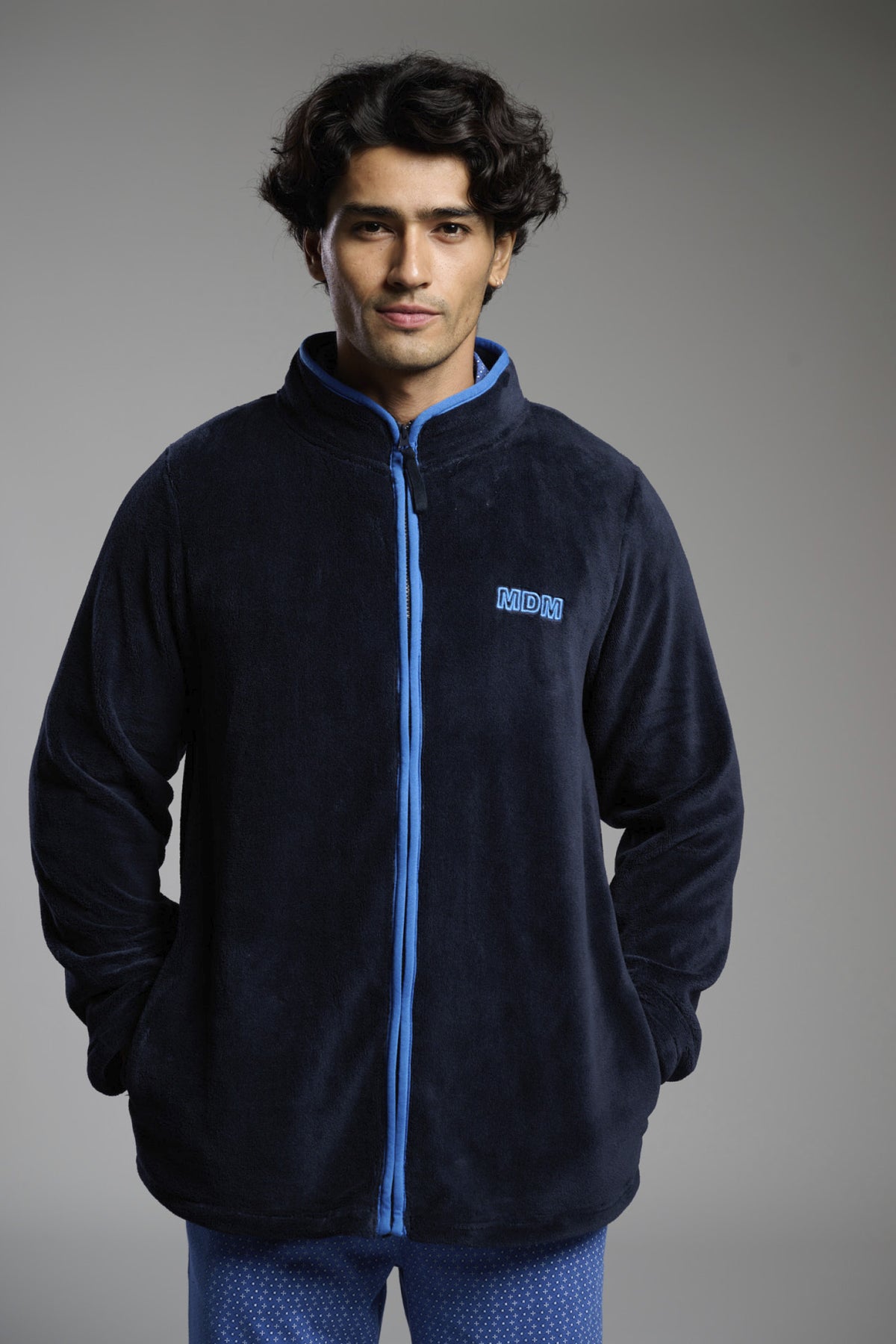 Men's short navy coral fleece robe with embroidered detail