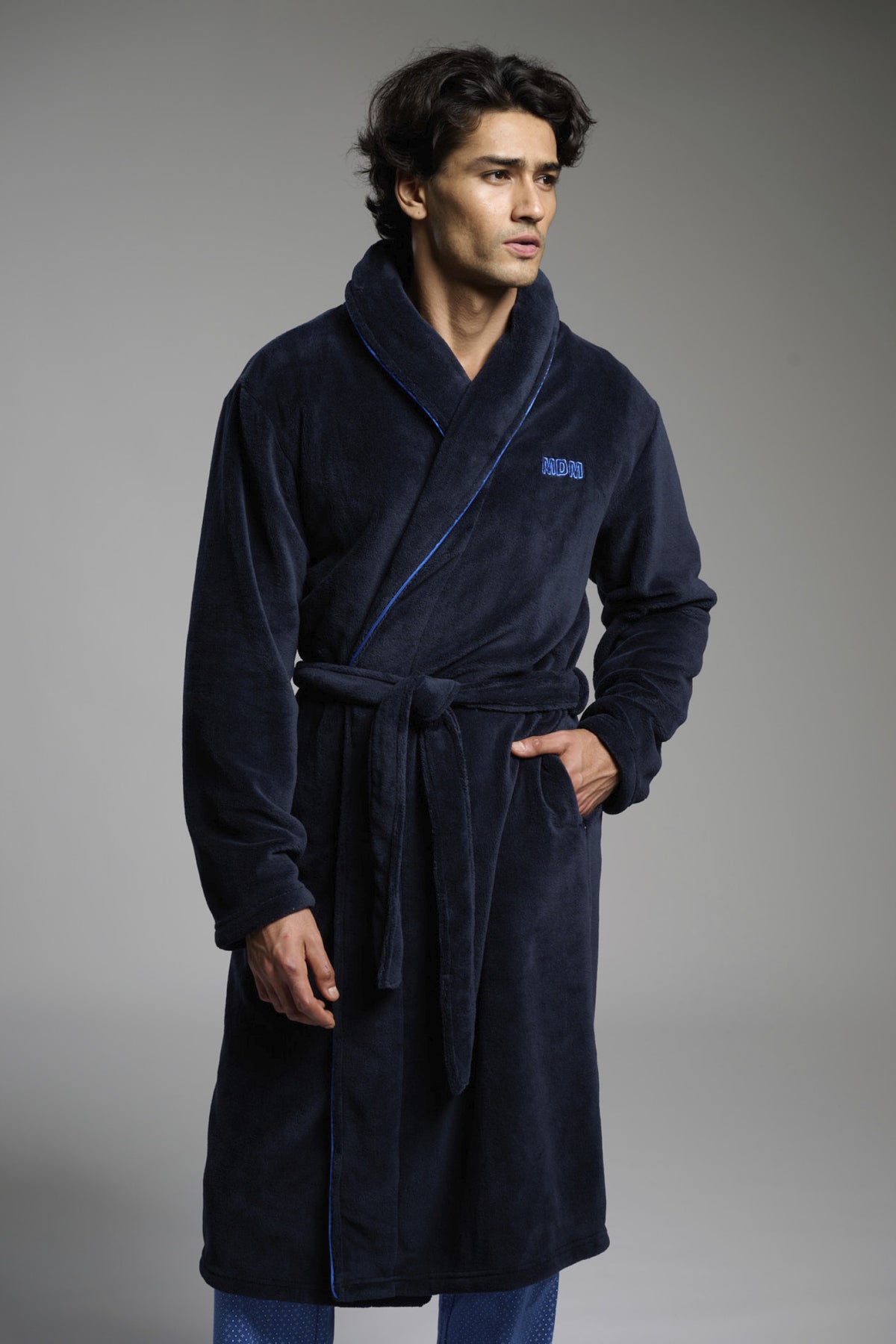 Men's long navy coral fleece robe with embroidered detail
