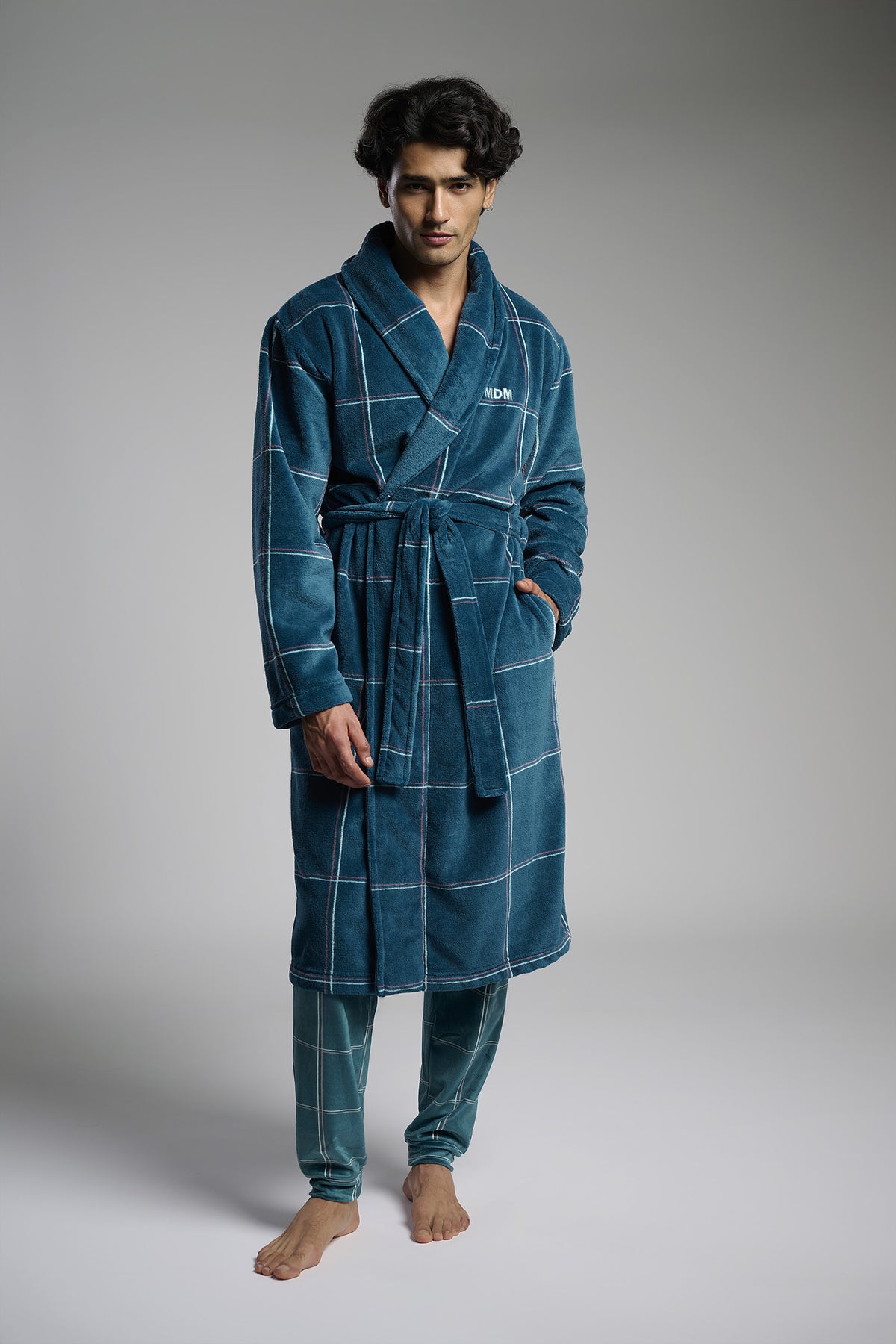 Men's long checked coral fleece robe