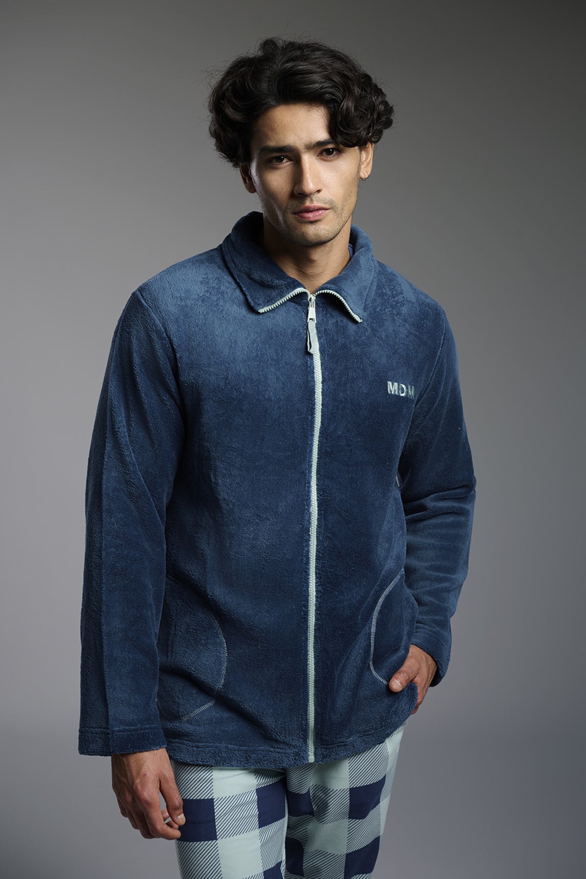 Men's short navy coral fleece robe with contrast zip