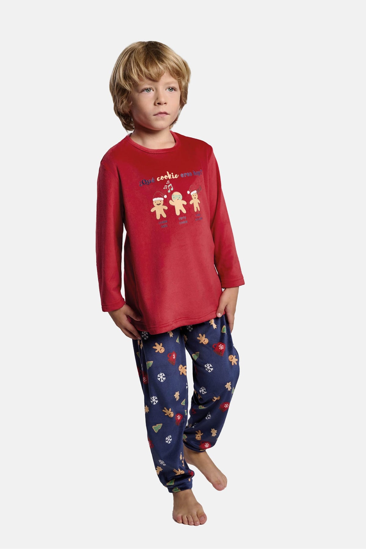 Unisex children's long velvet Christmas gingerbread-print pyjamas