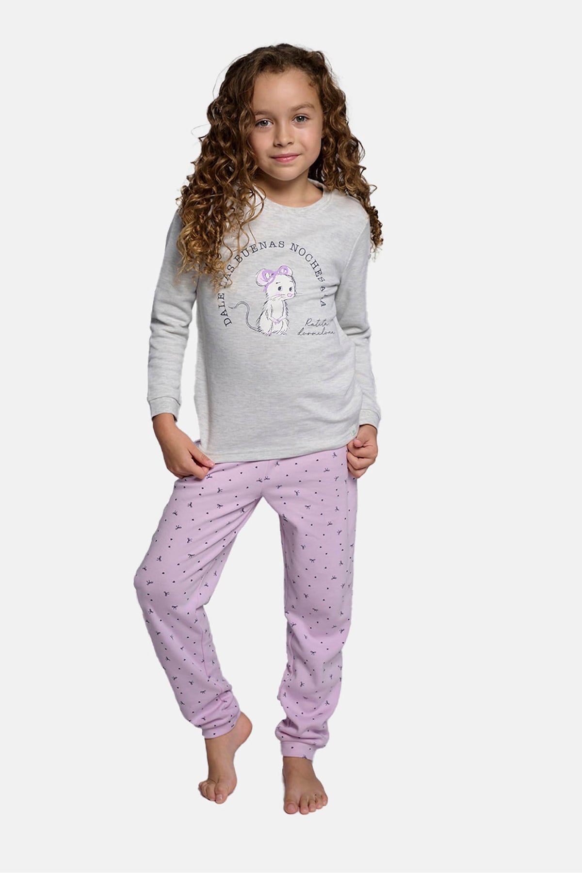 Girls' long brushed sleepy-mouse print pyjamas
