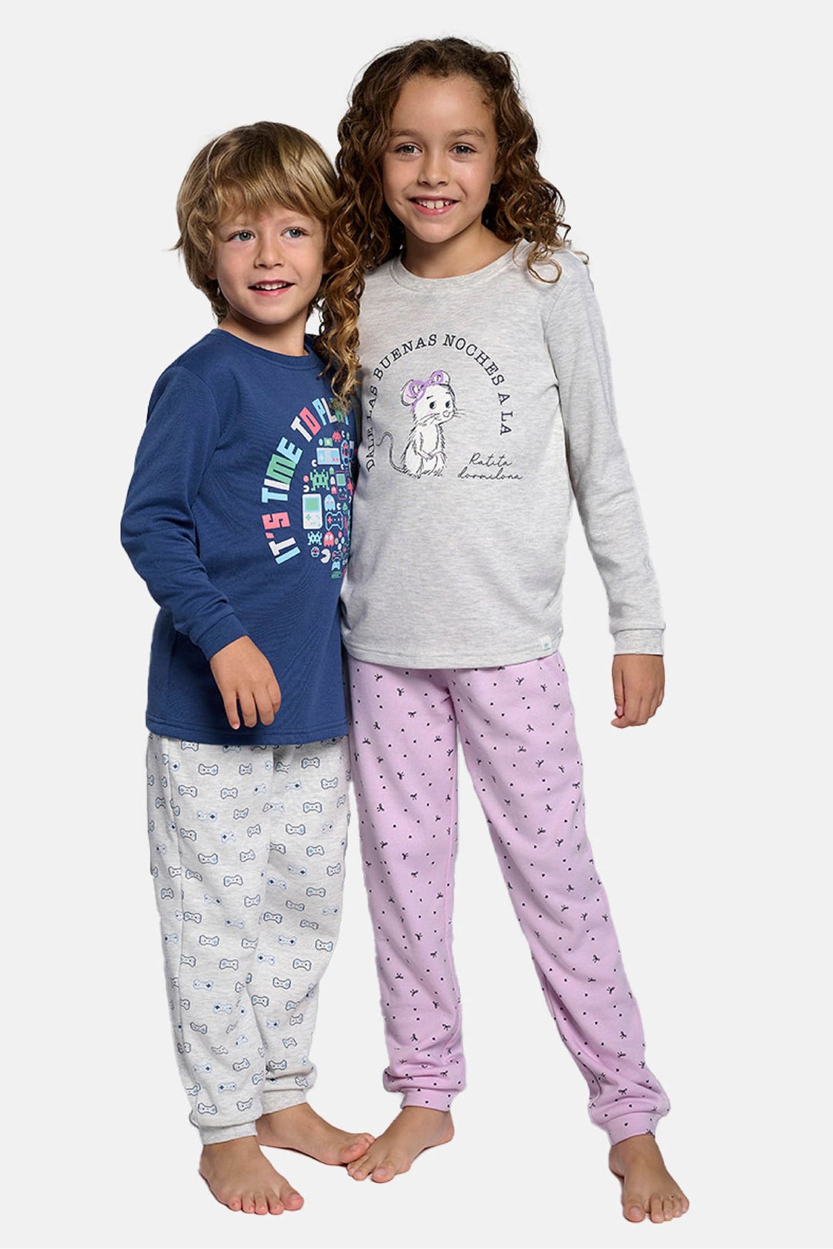 Girls' long brushed sleepy-mouse print pyjamas
