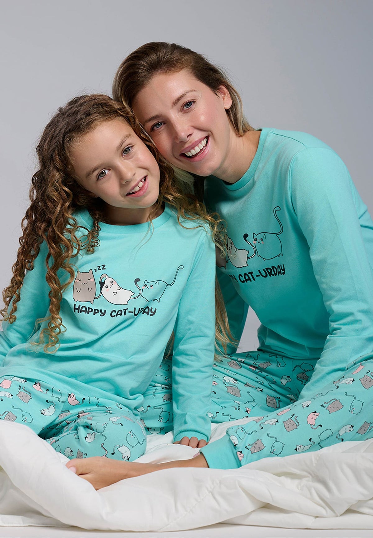Girls' long cotton Happy cat-urday cat-print pyjamas