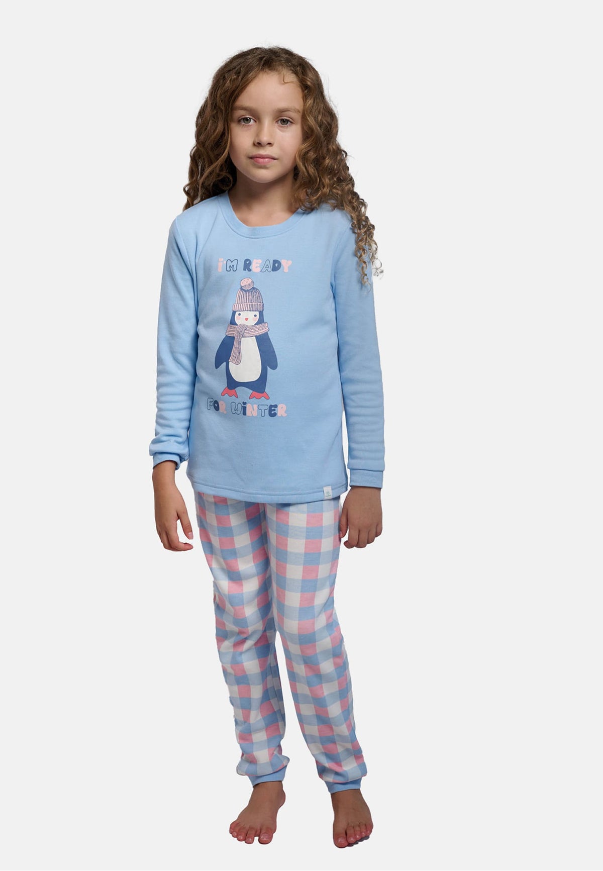 Girls' long brushed I'm ready for winter penguin checked pyjamas