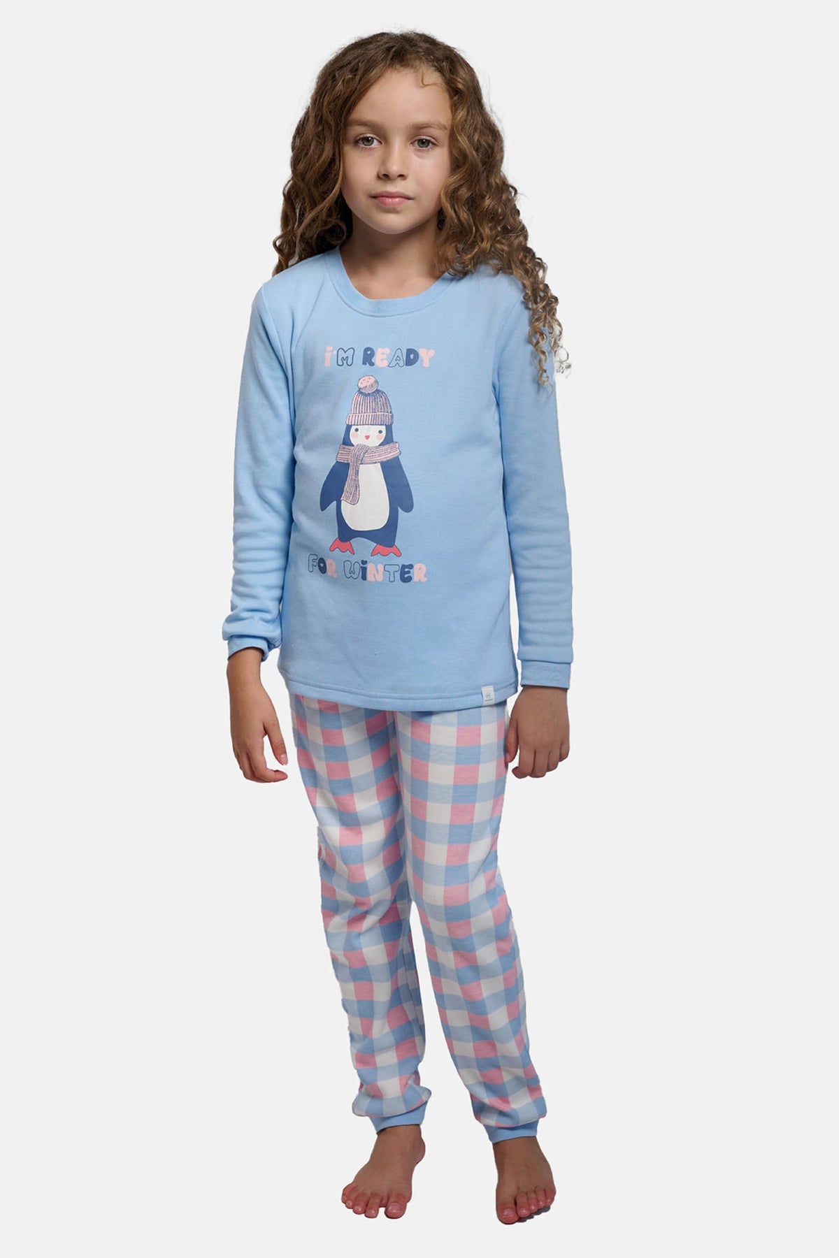 Girls' long brushed I'm ready for winter penguin checked pyjamas