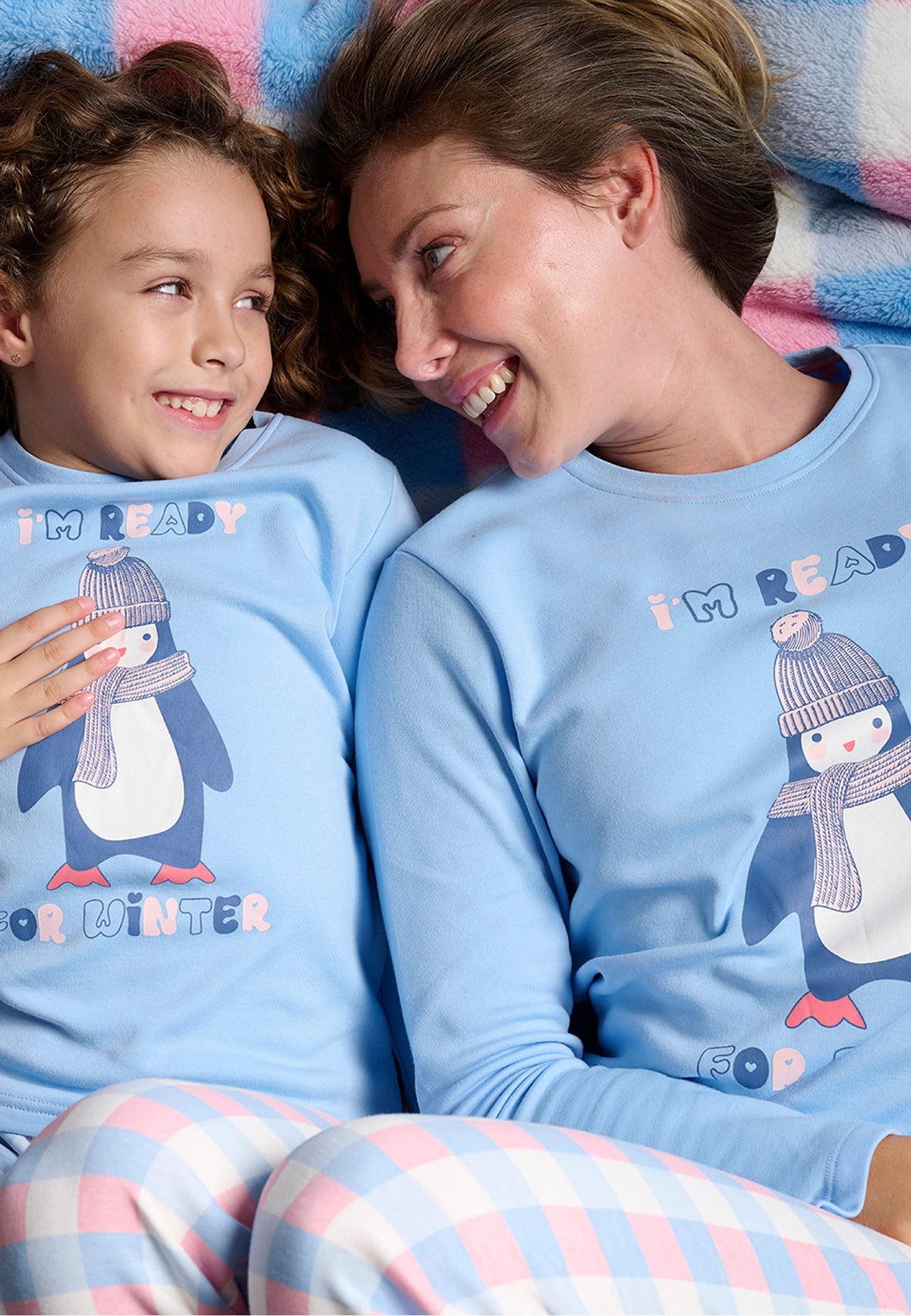 Girls' long brushed I'm ready for winter penguin checked pyjamas