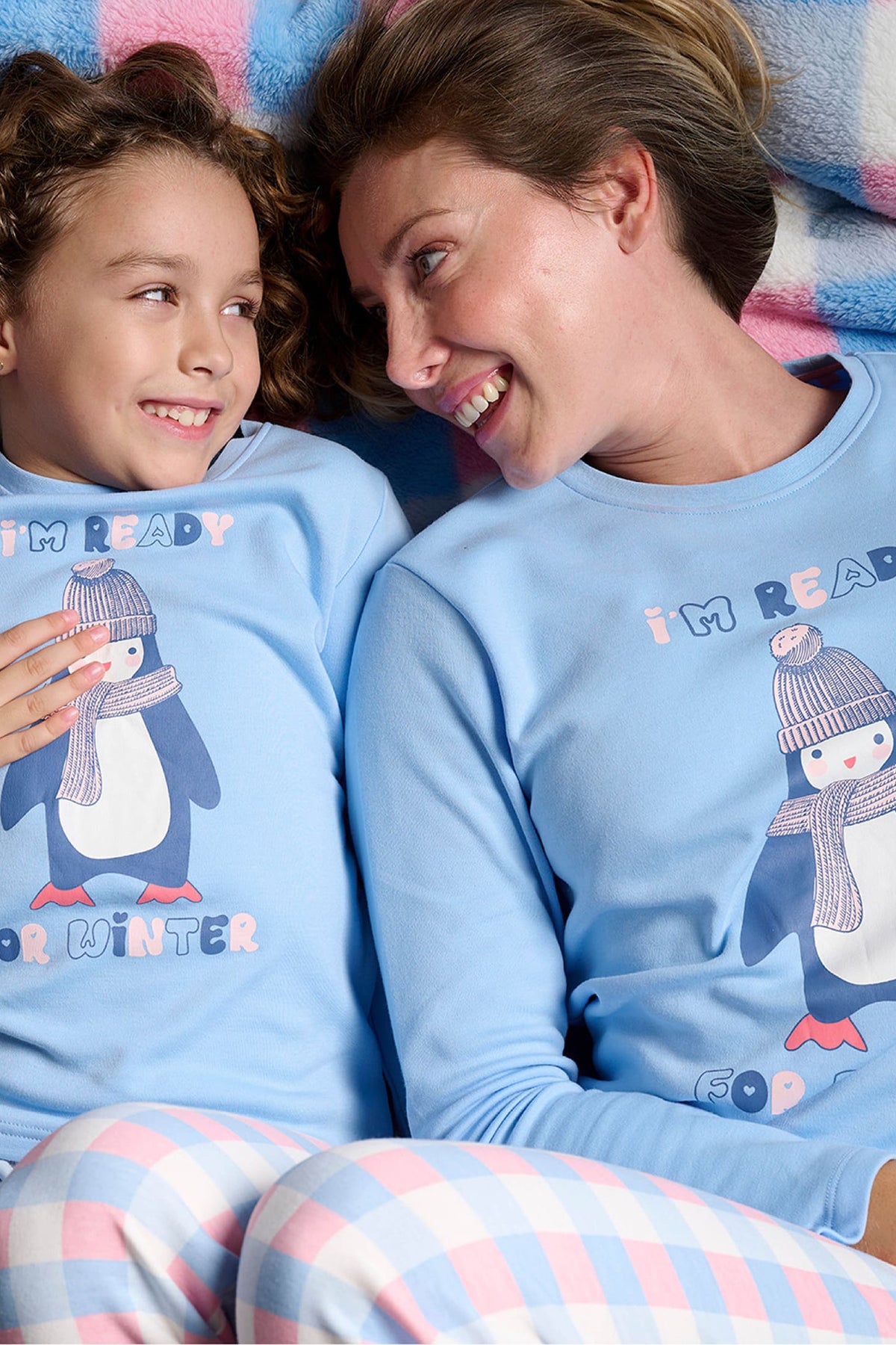 Girls' long brushed I'm ready for winter penguin checked pyjamas