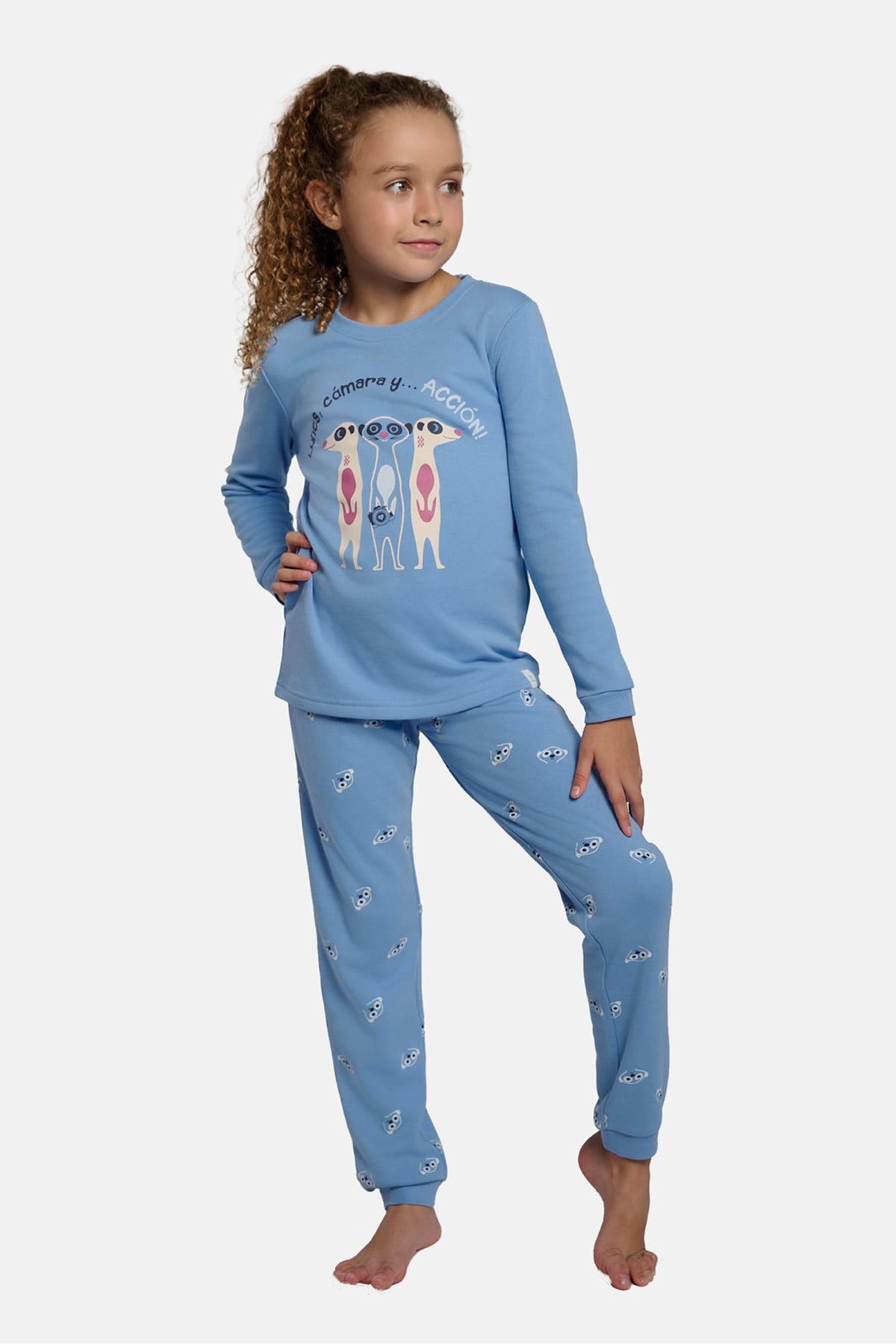 Girls' long brushed meerkat-print pyjamas