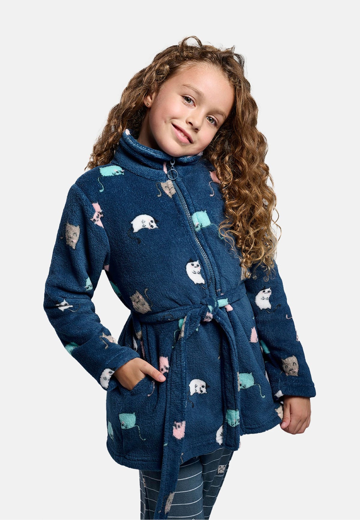 Girls' cat-print coral fleece robe