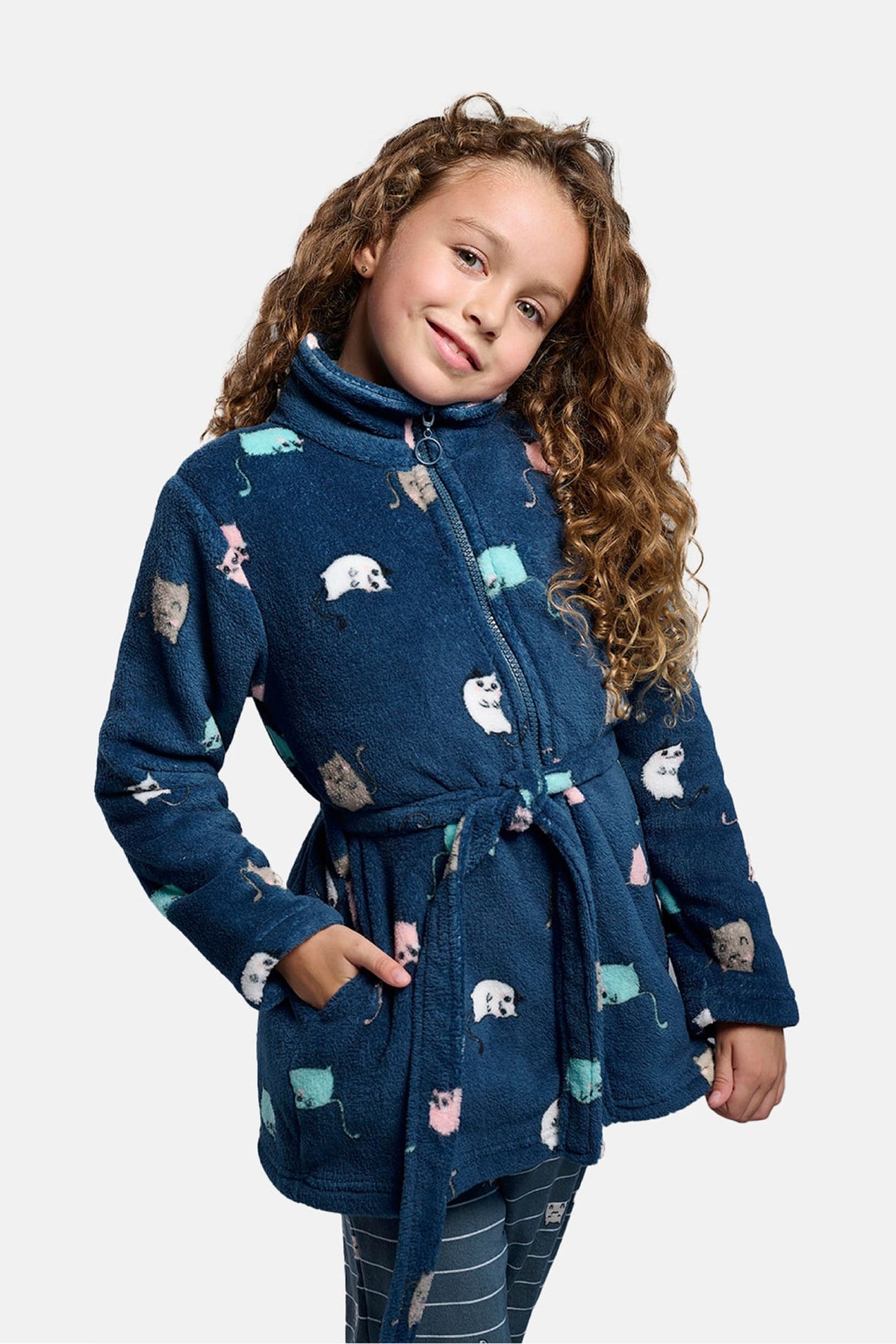 Girls' cat-print coral fleece robe