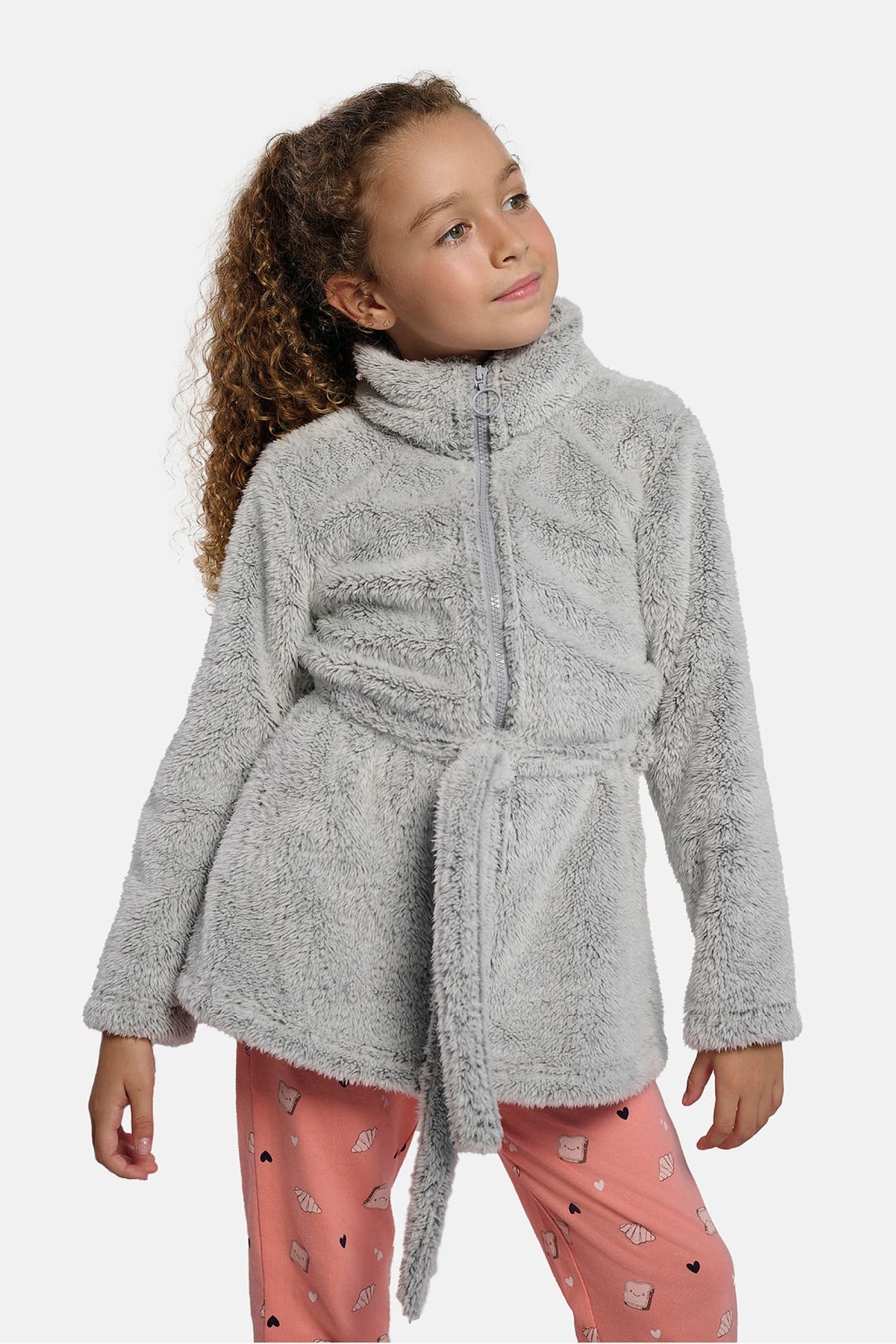 Girls' grey coral fleece robe with belt