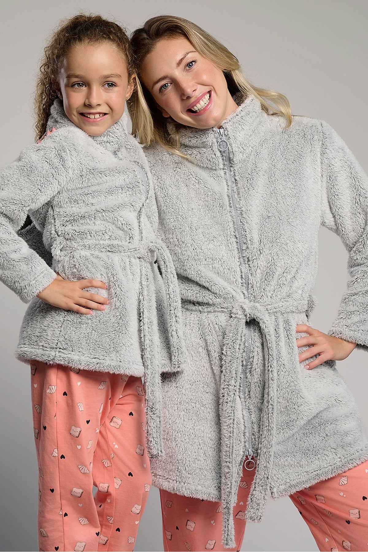 Girls' grey coral fleece robe with belt