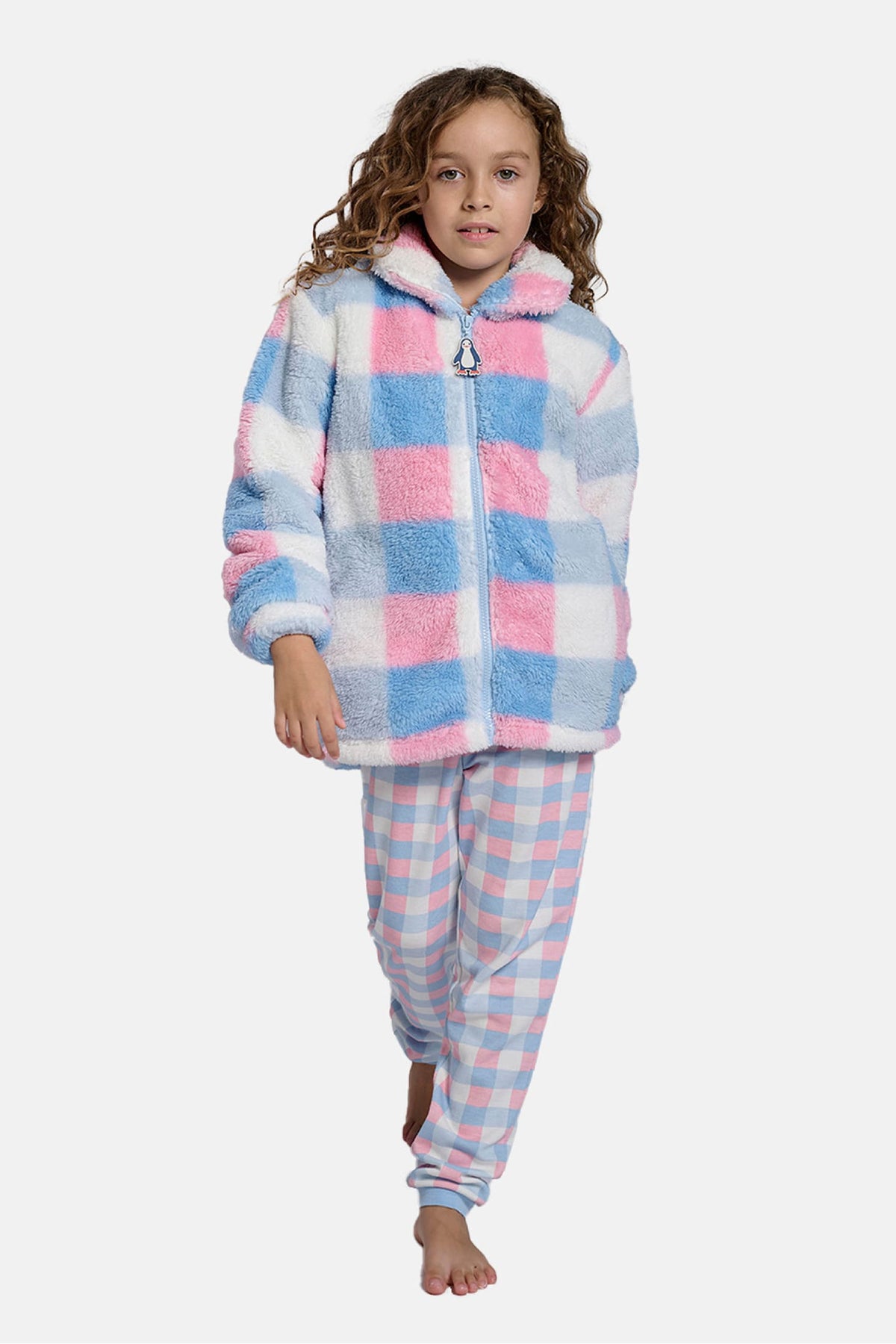 Girls' checked sherpa fleece robe with zip fastening