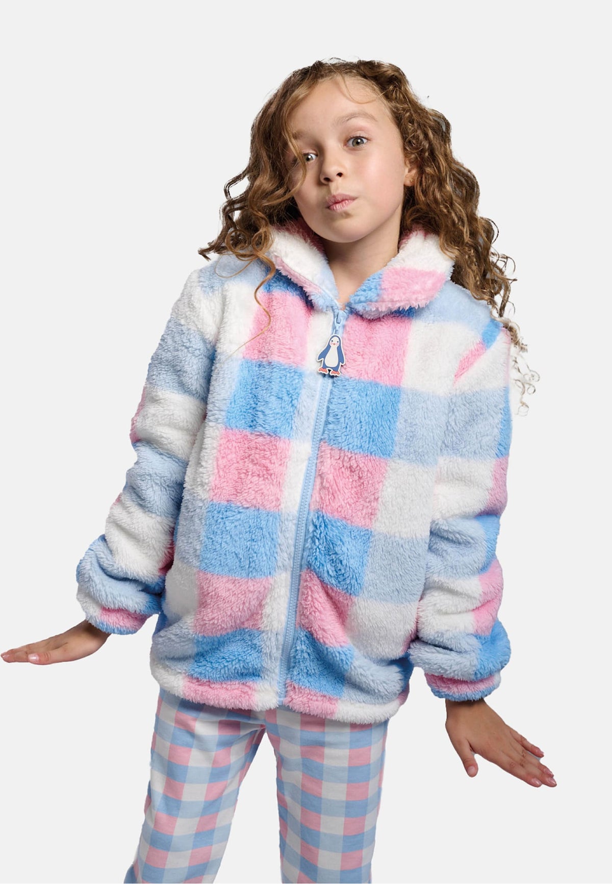 Girls' checked sherpa fleece robe with zip fastening