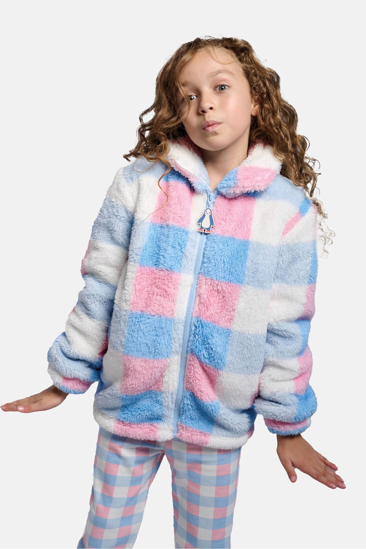 Girls' checked sherpa fleece robe with zip fastening