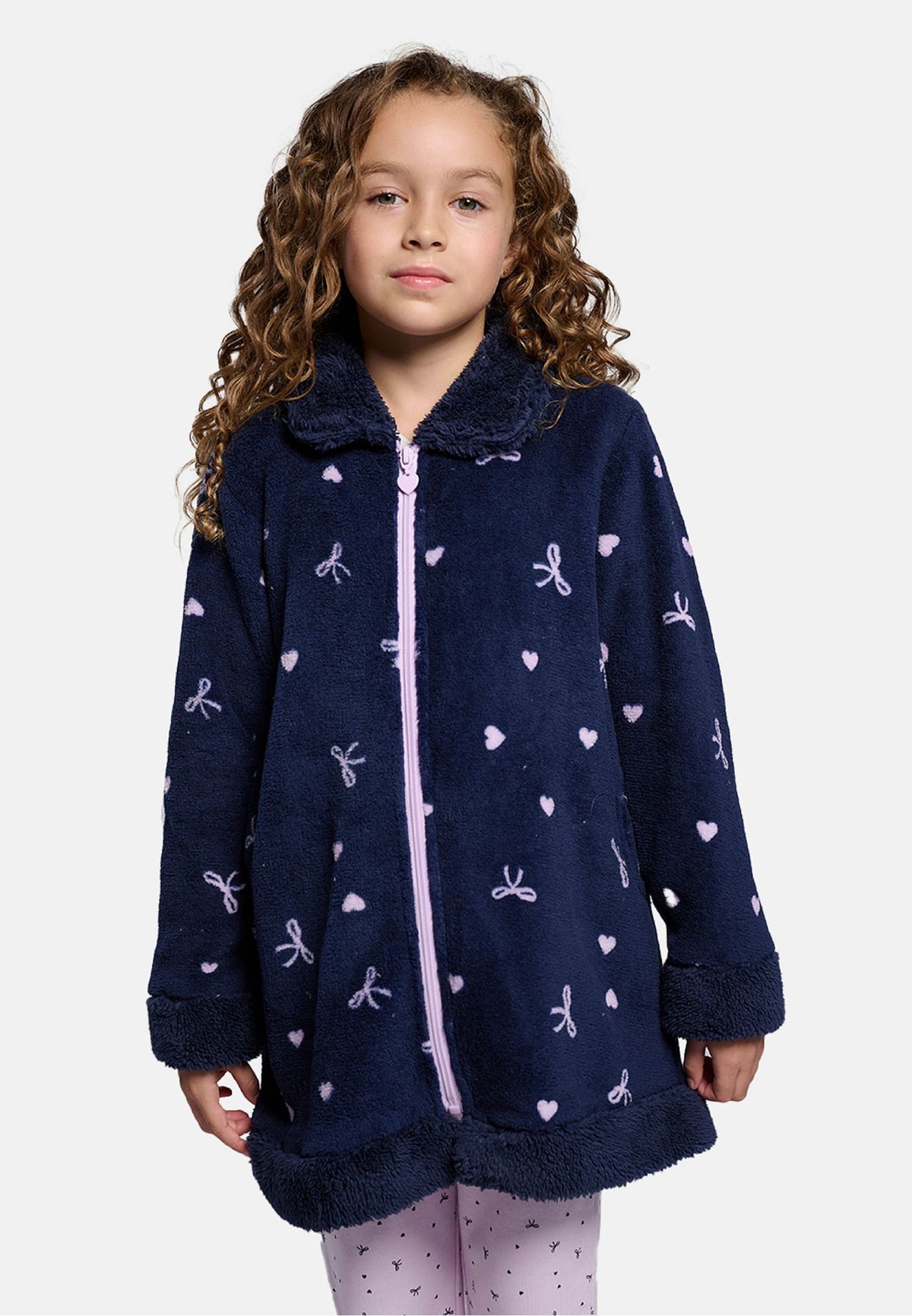 Girls' bow-and-heart print sherpa fleece robe with zip fastening
