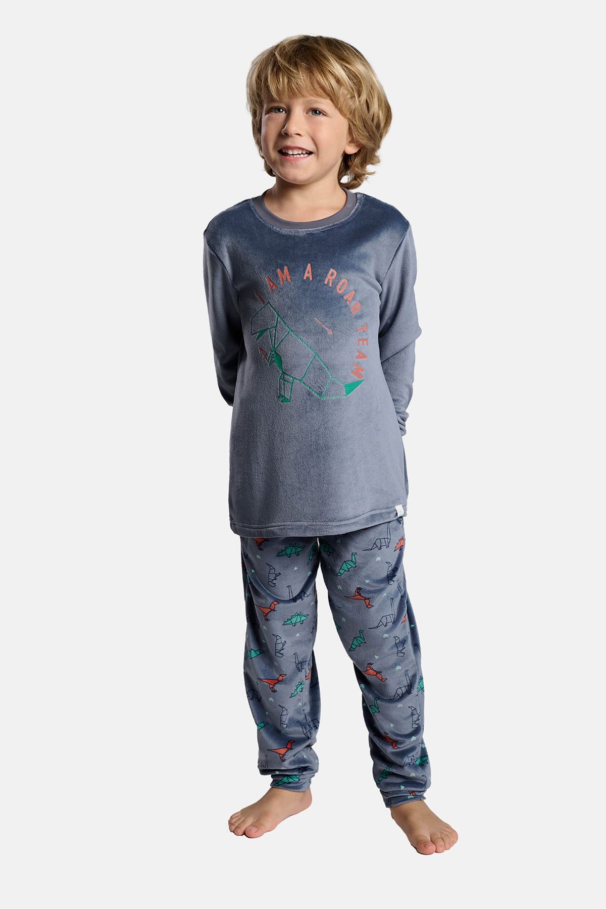 Boys' long velvet dinosaur-print I am a roar team pyjamas