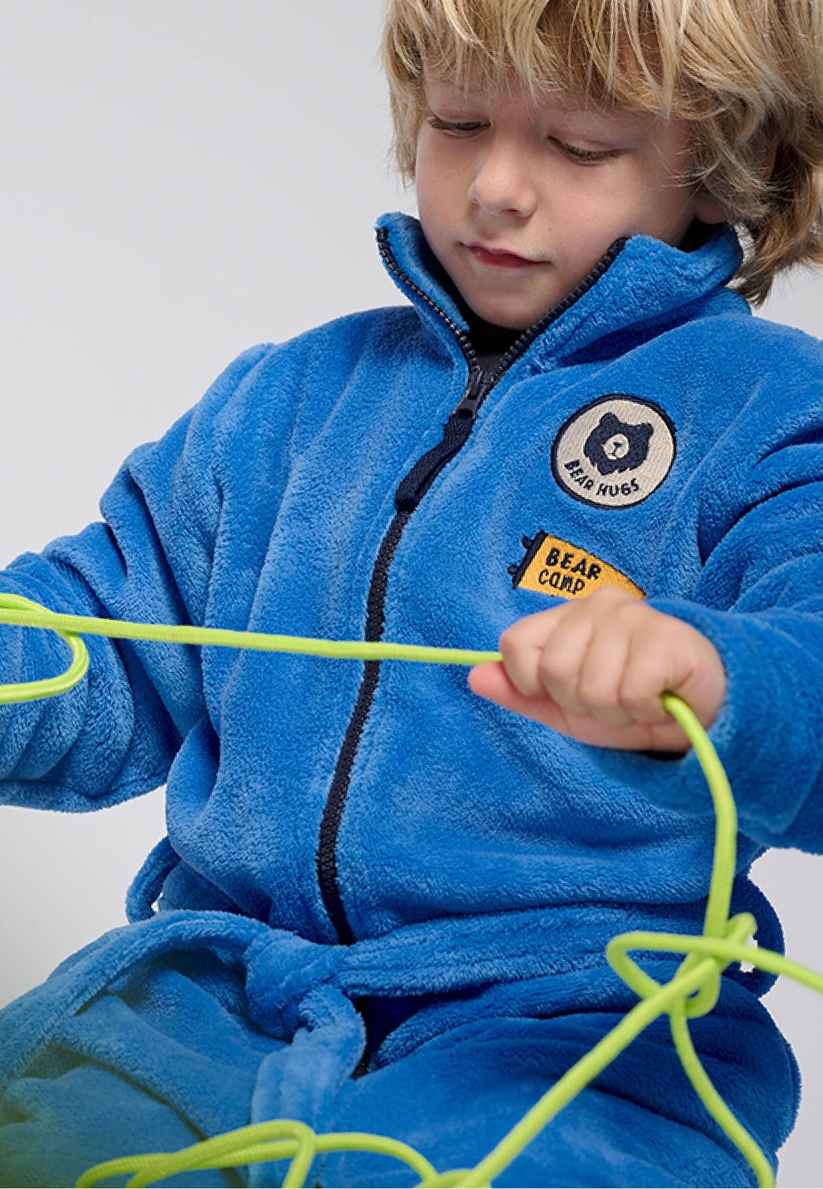 Boys' coral fleece robe with zip fastening and patch details