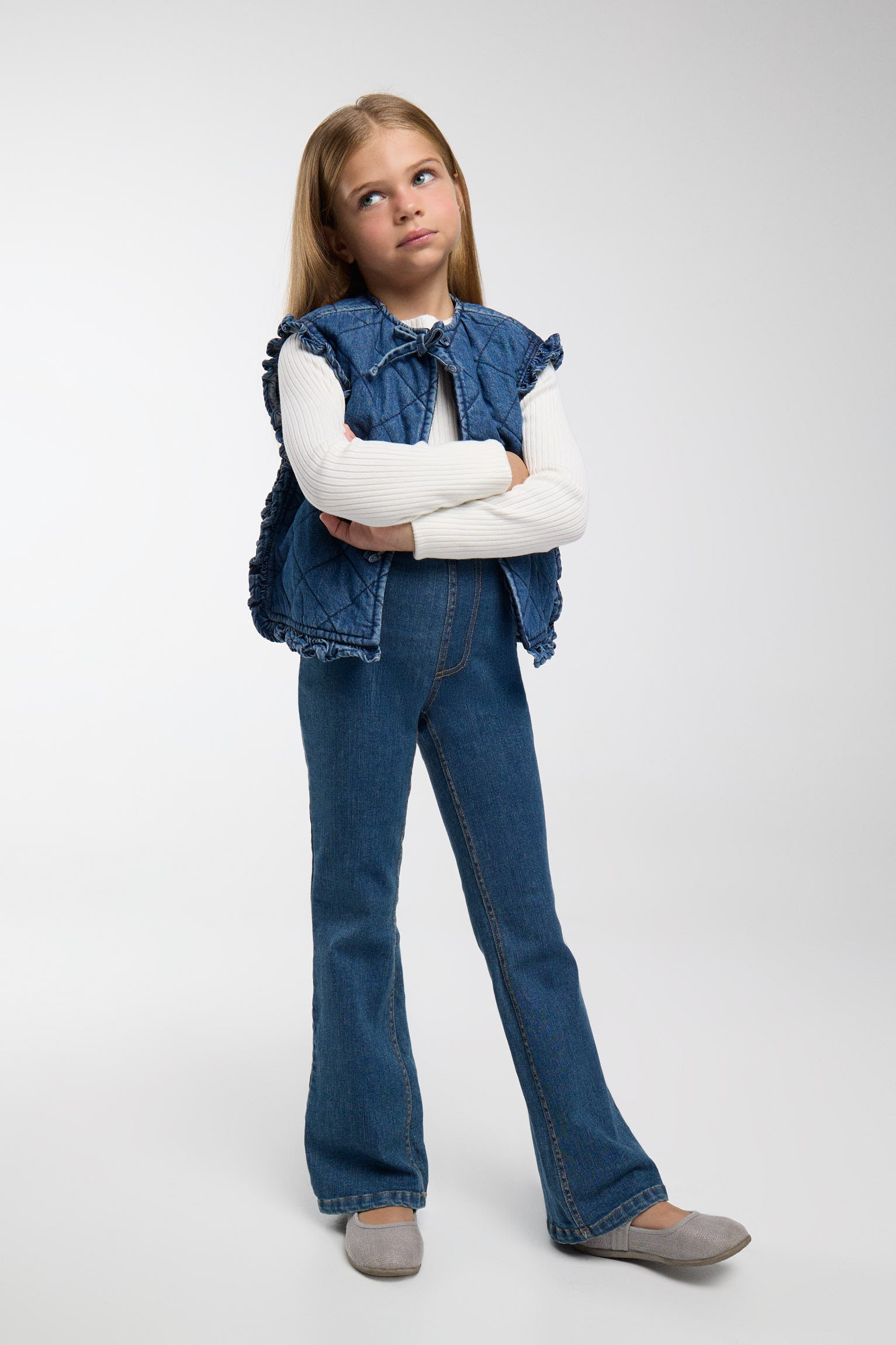 Girls' flared denim-effect trousers