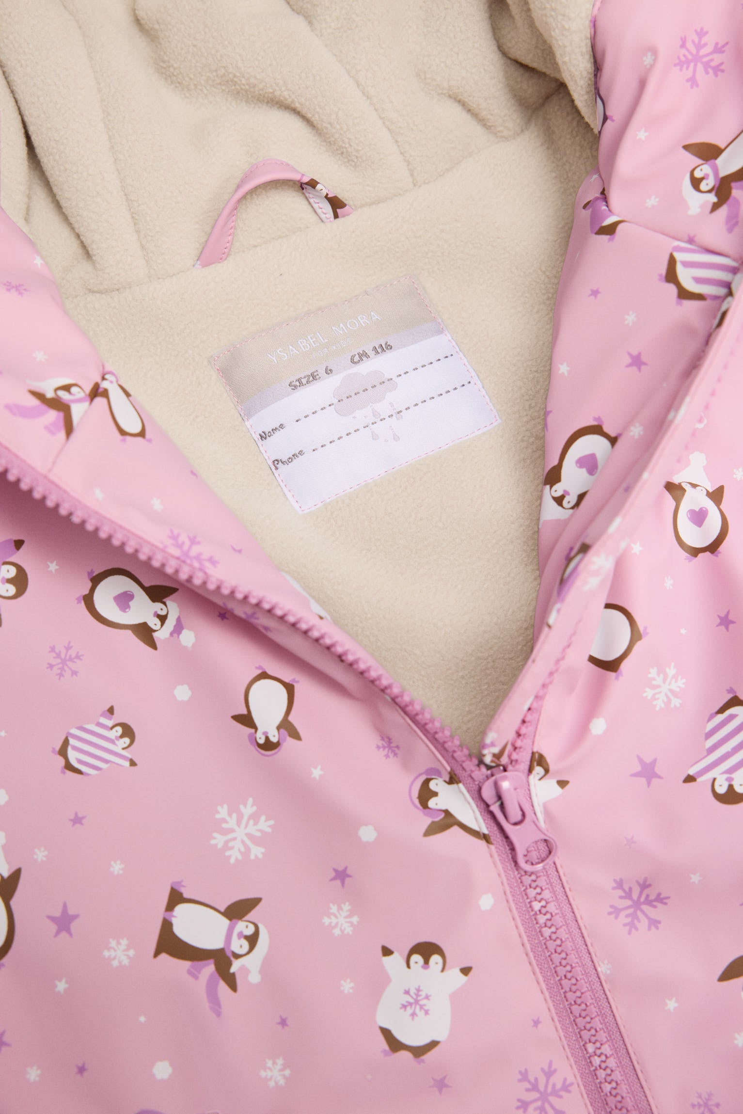 PRE-ORDER Girls' penguin-print raincoat with fleece lining